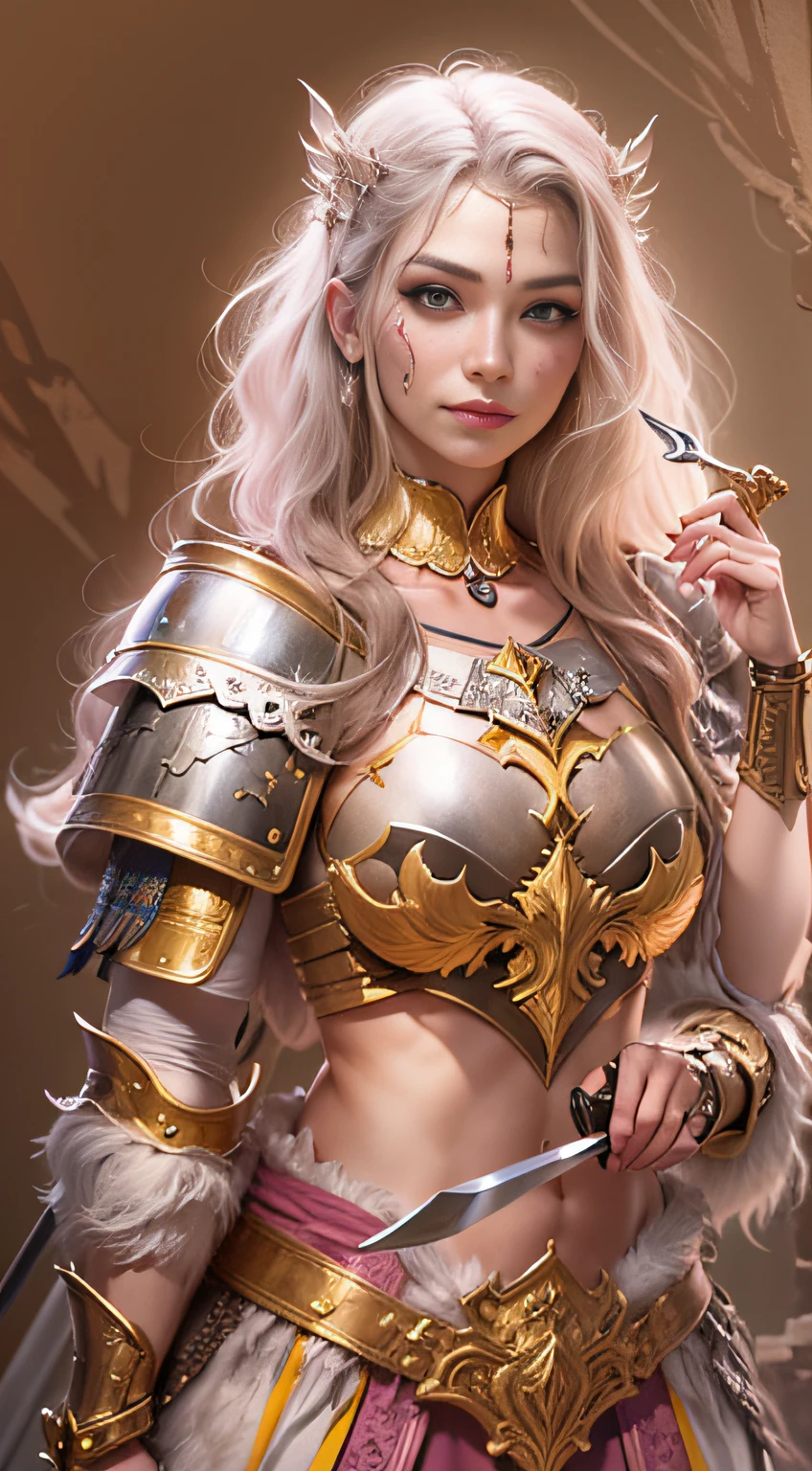 Female warriors wearing realistic European armor，Decorated with intricate gold and silver，Strong bare arm holding a knife::3, Pantomime face painting in pink and white::4, She smiled::2 --ar 9:16 --v 5 -- Role-playing prohibited