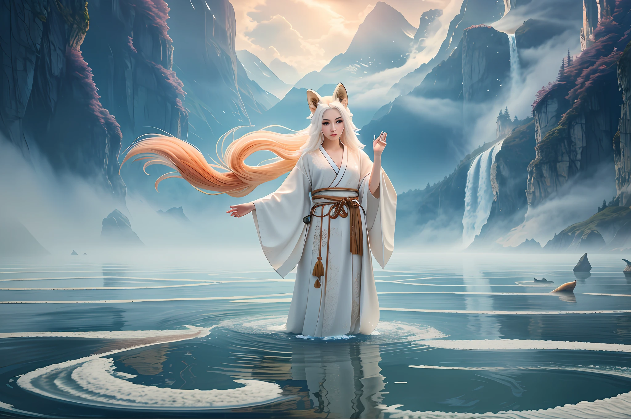 a beautiful and ethereal fox spirit dressed in a flowing white Chinese robe. The image captures the fox spirit standing gracefully on the water's surface, surrounded by white clouds and mist that lend an otherworldly quality to the scene. The fox spirit's long white hair and robes are swept up by the wind, adding movement and fluidity to the image. Use Midjourney's advanced brush tools to create intricate folds and textures in the fox spirit's robes and hair, and experiment with different color palettes and brush strokes to bring out the ethereal quality of the scene. The fox spirit's beauty is further enhanced by the way her image is sometimes obscured by the surrounding mist, giving the scene a sense of mystery and enchantment. With Midjourney's powerful tools, you can bring this captivating and ethereal scene to life with incredible detail and beauty. hdr, (photorealism, masterpiece quality, best quality), , pureerosface_v1,ulzzang-6500-v1.1,