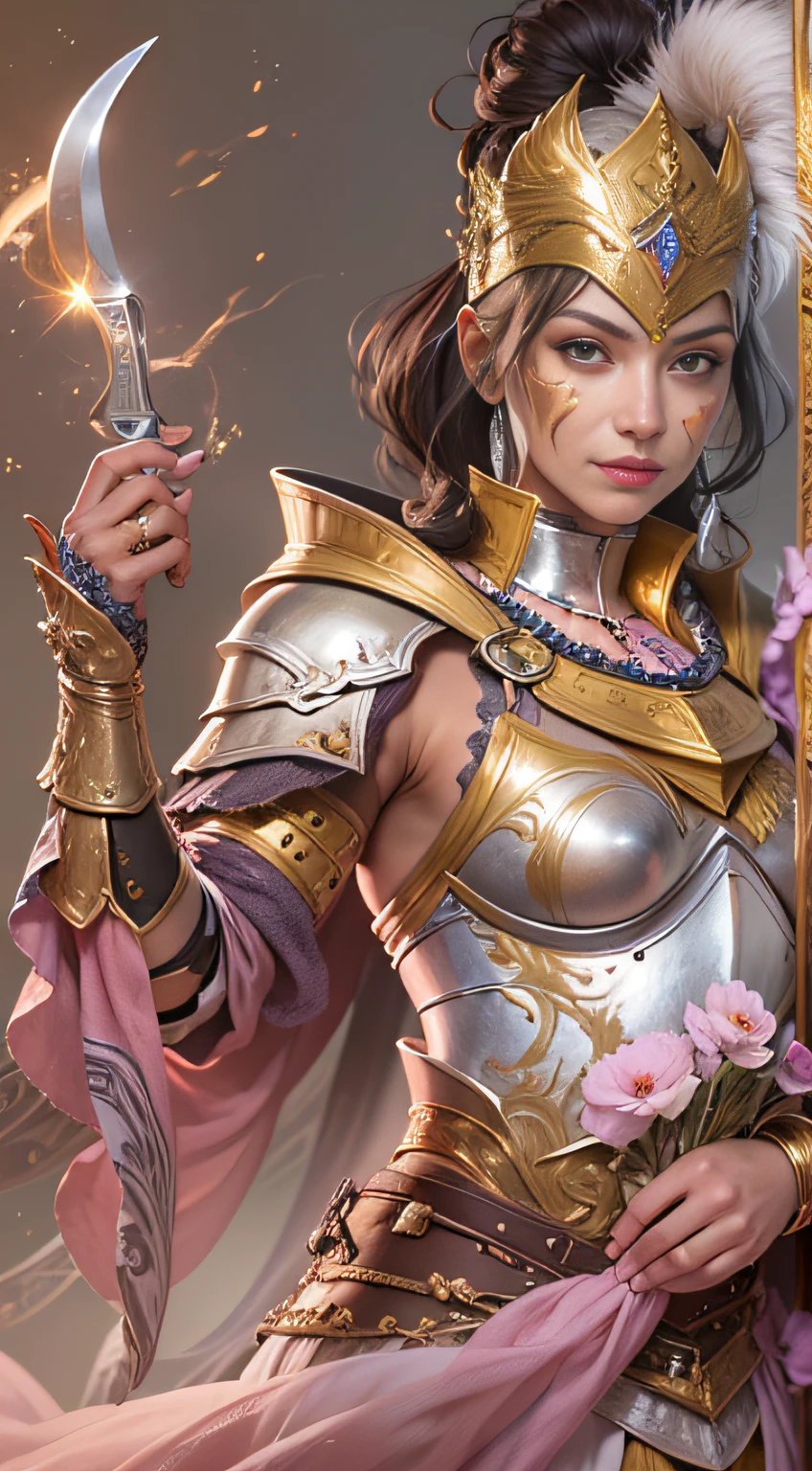 Female warriors wearing realistic European armor,Decorated with intricate gold and silver,Strong bare arm holding a knife::3, Pantomime face painting in pink and white::4, She smiled::2 --ar 9:16 --v 5 -- Role-playing prohibited