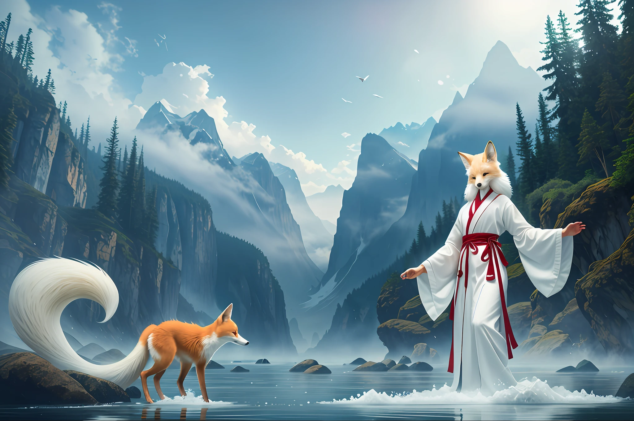 a beautiful and ethereal fox spirit dressed in a flowing white Chinese robe. The image captures the fox spirit standing gracefully on the water's surface, surrounded by white clouds and mist that lend an otherworldly quality to the scene. The fox spirit's long white hair and robes are swept up by the wind, adding movement and fluidity to the image. Use Midjourney's advanced brush tools to create intricate folds and textures in the fox spirit's robes and hair, and experiment with different color palettes and brush strokes to bring out the ethereal quality of the scene. The fox spirit's beauty is further enhanced by the way her image is sometimes obscured by the surrounding mist, giving the scene a sense of mystery and enchantment. With Midjourney's powerful tools, you can bring this captivating and ethereal scene to life with incredible detail and beauty. hdr, (photorealism, masterpiece quality, best quality), , pureerosface_v1,ulzzang-6500-v1.1,