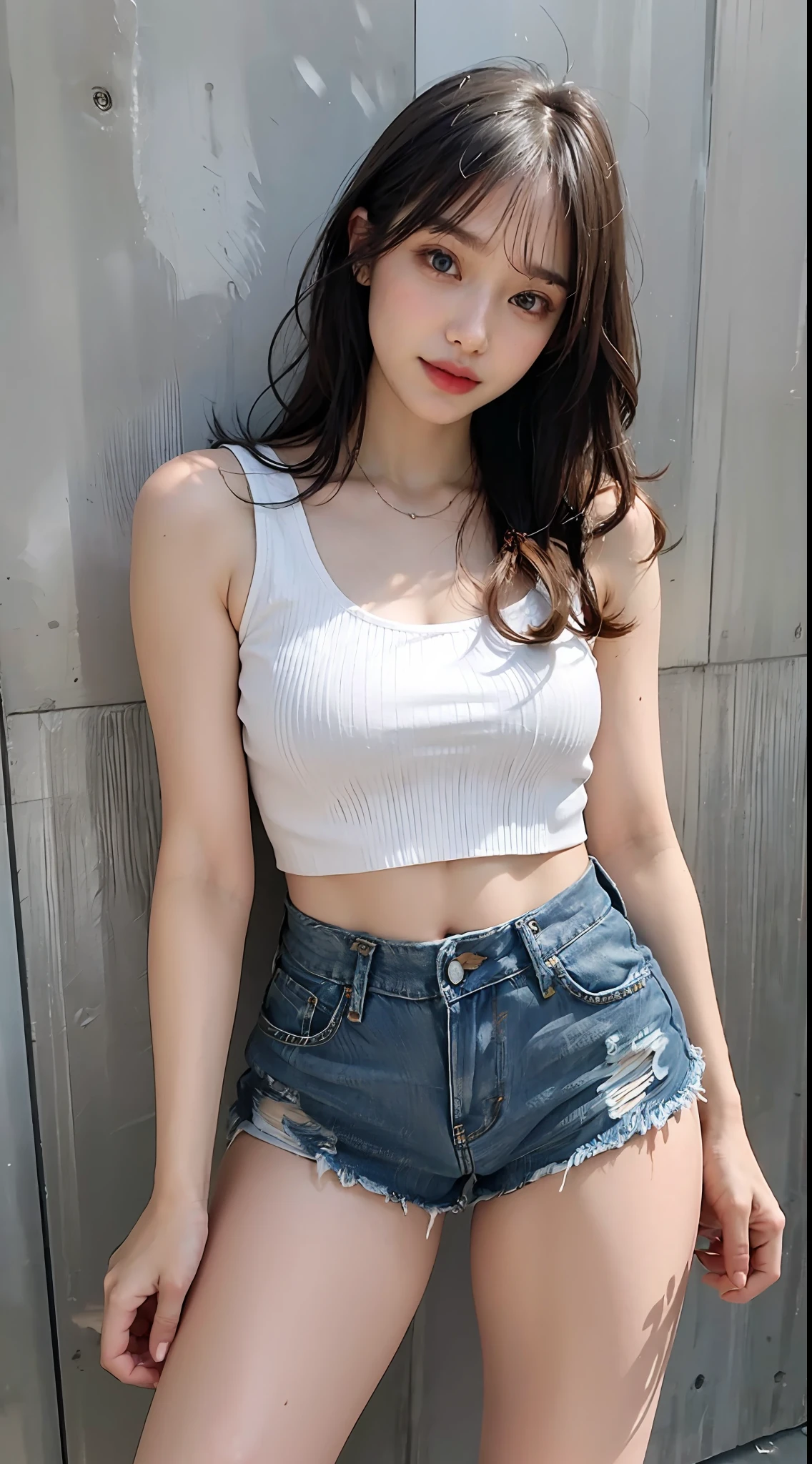 Girl posing in white low cut super short tank top and tight denim shorts、full body Esbian、Cropped tank top、bra very、Slim body、a large bust、Slim Girl Model、24歳の女性モデル、Beautiful body Facing the front Navel out See all Lower abdomen showing a beautiful belly Too torn denim shorts Shabby denim shorts Thigh exposure Shabby camisole Too short camisole Denim shorts that are too short You can see all the shapes of your genitals the shape of the genitals is perfectly visible Thong-only denim shorts