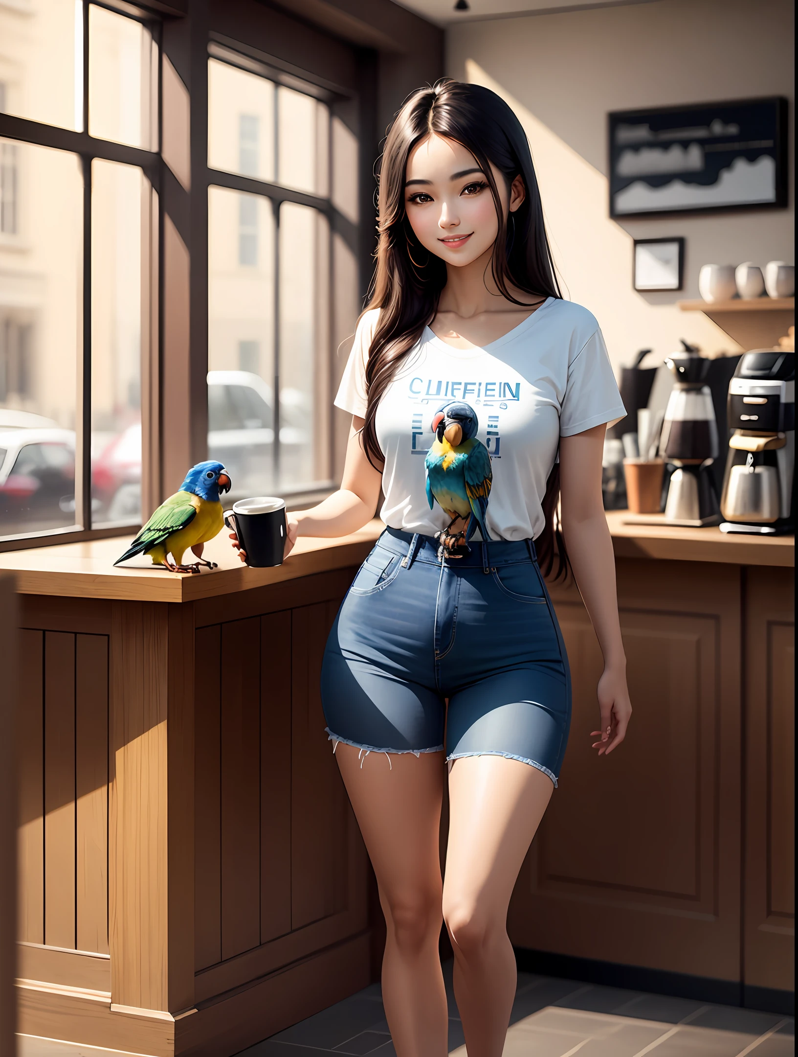 Masterpiece, best quality, super detailed,a beautiful Eurasian girl, long hair, oval face, smile face,wearing T-shirt and blue jeans, standing in a beautiful coffee shop, holding a parrot, small tits , detailed skin,8K, full body shot