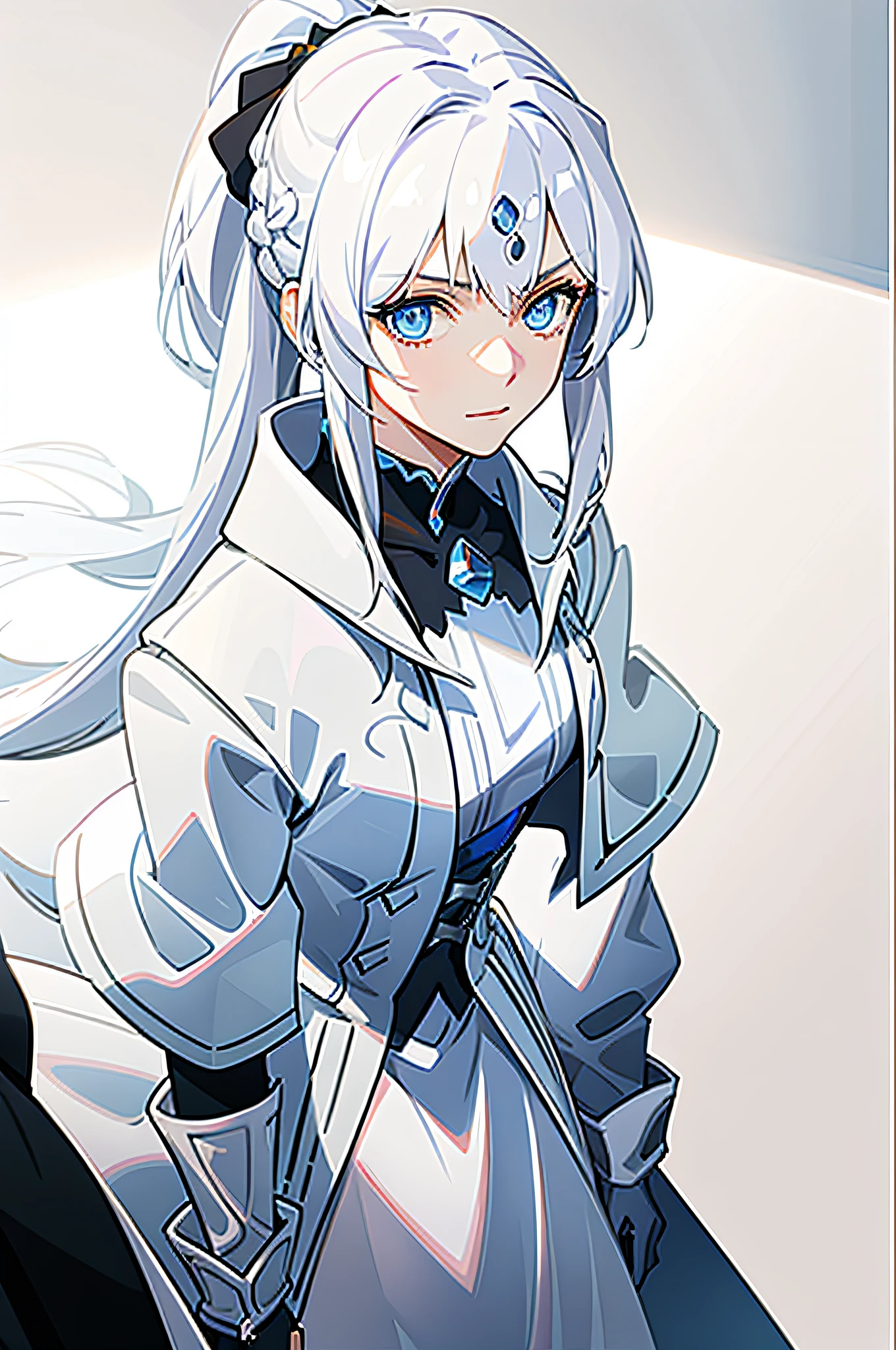 "((Masterpiece)), Best quality, Ultra-detailed, Extremely detailed, (1 girl), Flowing white hair, Blue eyes, Blue and white imperial costume, Dynamic focus, Anime style, color filtration."Gaoza ponytail with a sword