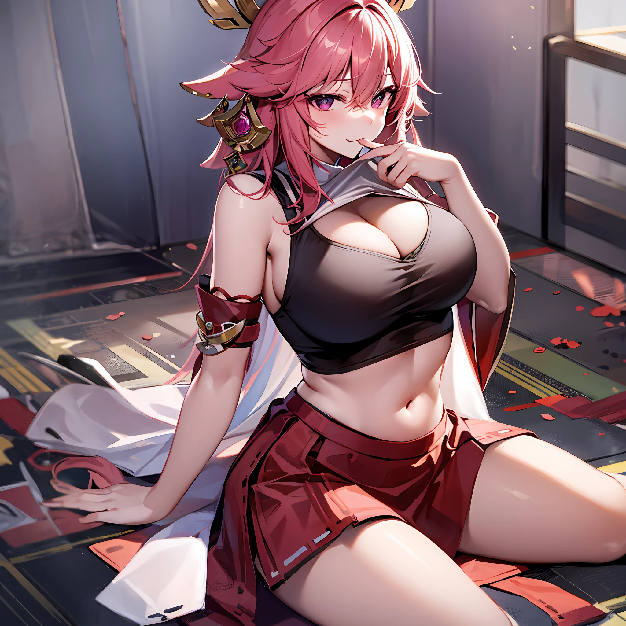 1Yae miko, large breasts,clothes in mouth, cleavage, navel, t-shirt, ((bra)),clothes lift, shirt in mouth, skirt, lying, full Body,sexy body,sitting