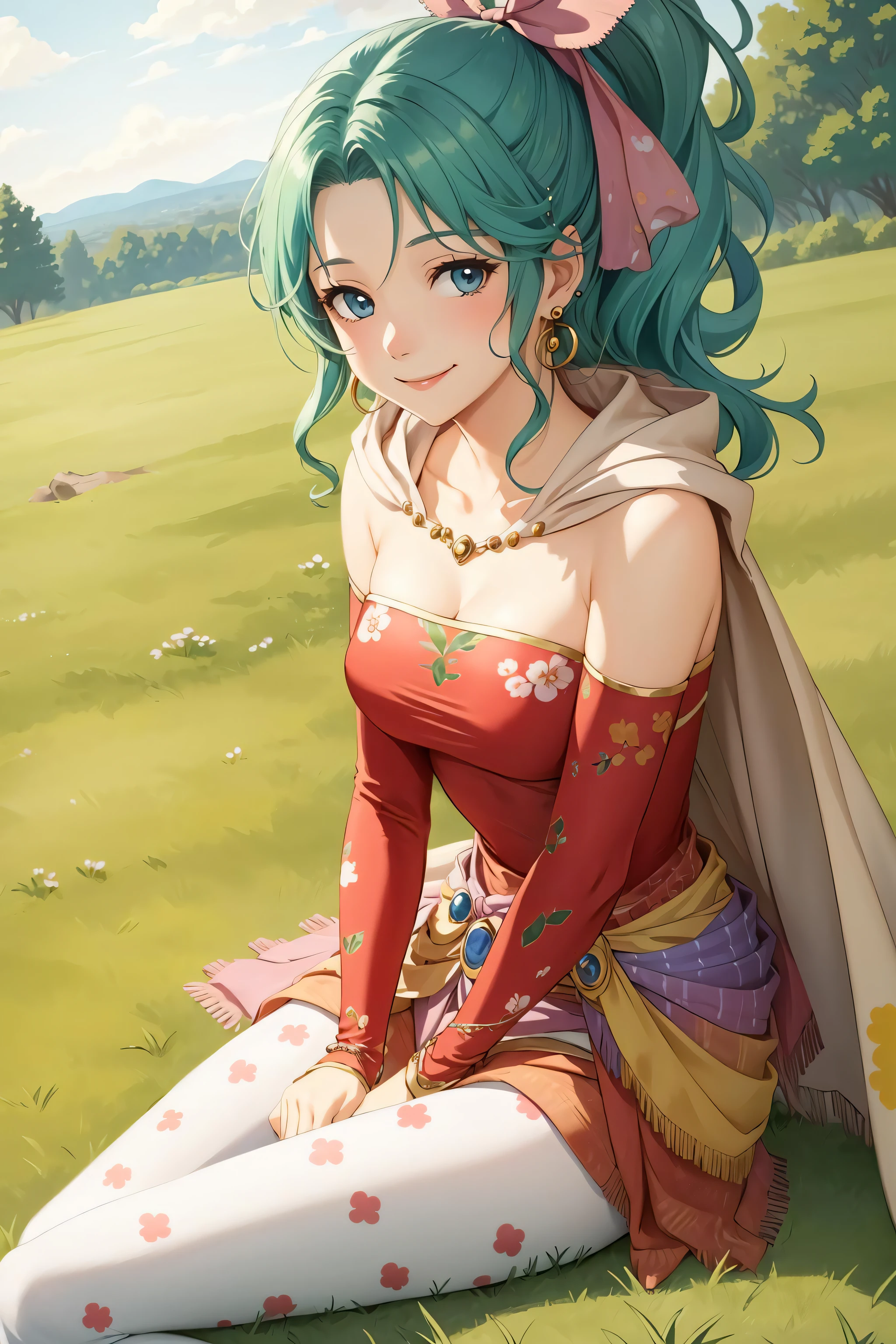 masterpiece, best quality, tina branford, green hair, cape, earrings, red dress, detached sleeves, hair ribbon, clothes around waist, print legwear, looking at viewer, closed mouth, smile, sitting on ground, grass