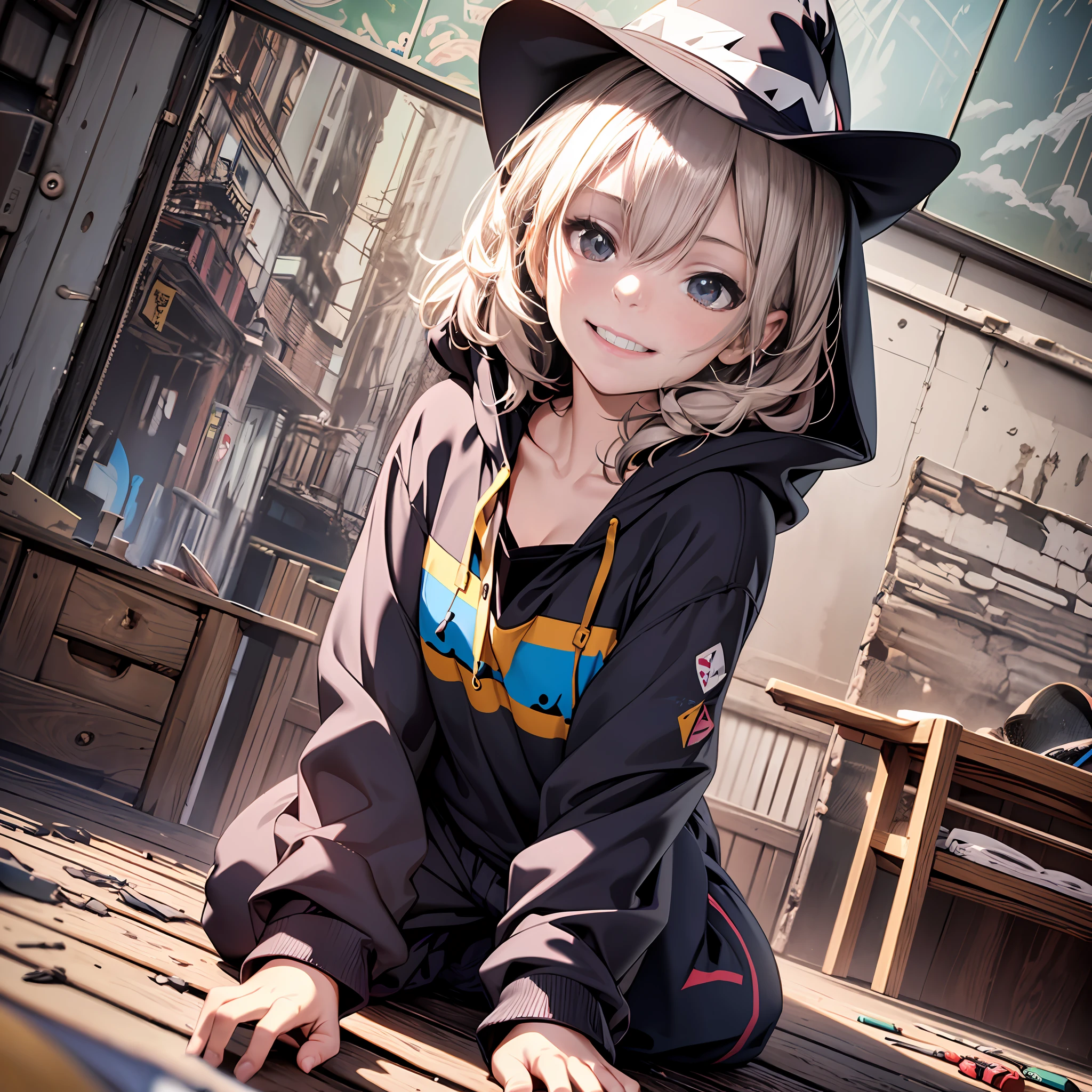 (Best Quality), (masutepiece:1.3), (Realistic), (Photorealistic:1.36), Ultra-detailed, From below, Cute little girl in witch Hoodie pyjamas, undershirt, bedroom, (flat chest), big smile, Dynamic Angle, (Kneeling, Hands on the floor in front of you)