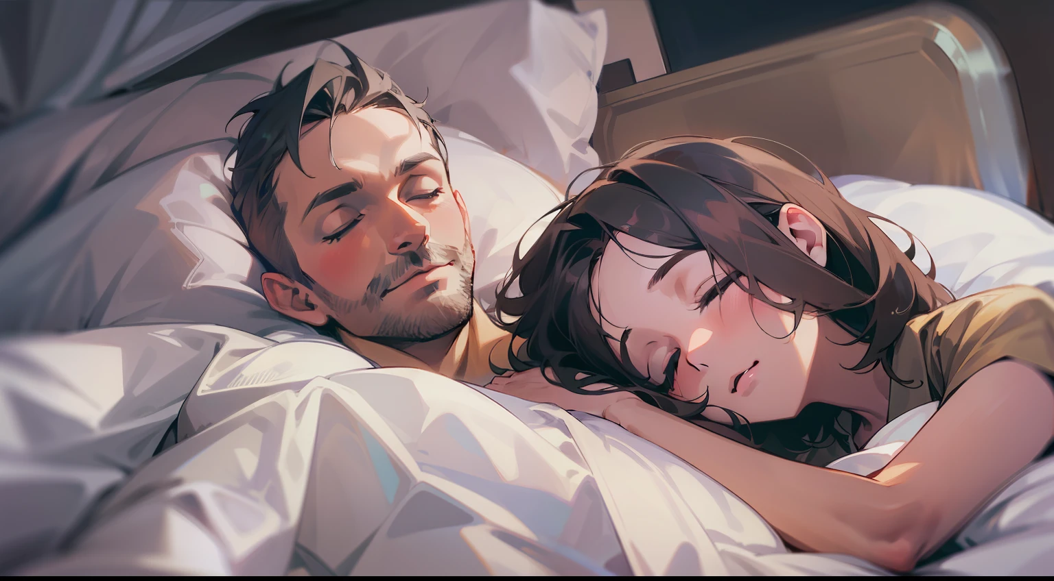 (((tmasterpiece))), Best picture quality,hyper HD,Bed view,Adult short brunette man sleeping with adult brunette woman,Covered with a white quilt,Hotel,modern