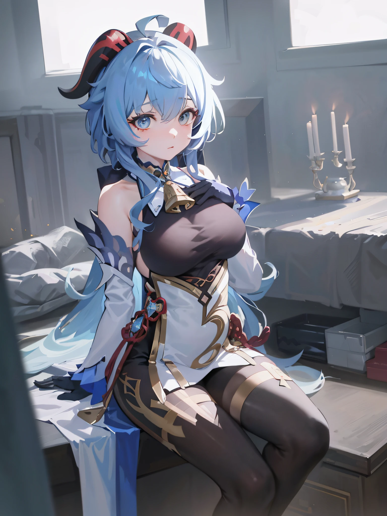 Anime girl sitting on table,There is a cat on his lap, Ayaka Genshin impact, Genshin, Keqing from Genshin Impact, Guweiz on ArtStation Pixiv, Guweiz in Pixiv ArtStation, trending on artstation pixiv, ayaka game genshin impact, Extremely detailed Artgerm, blue scales covering her chest