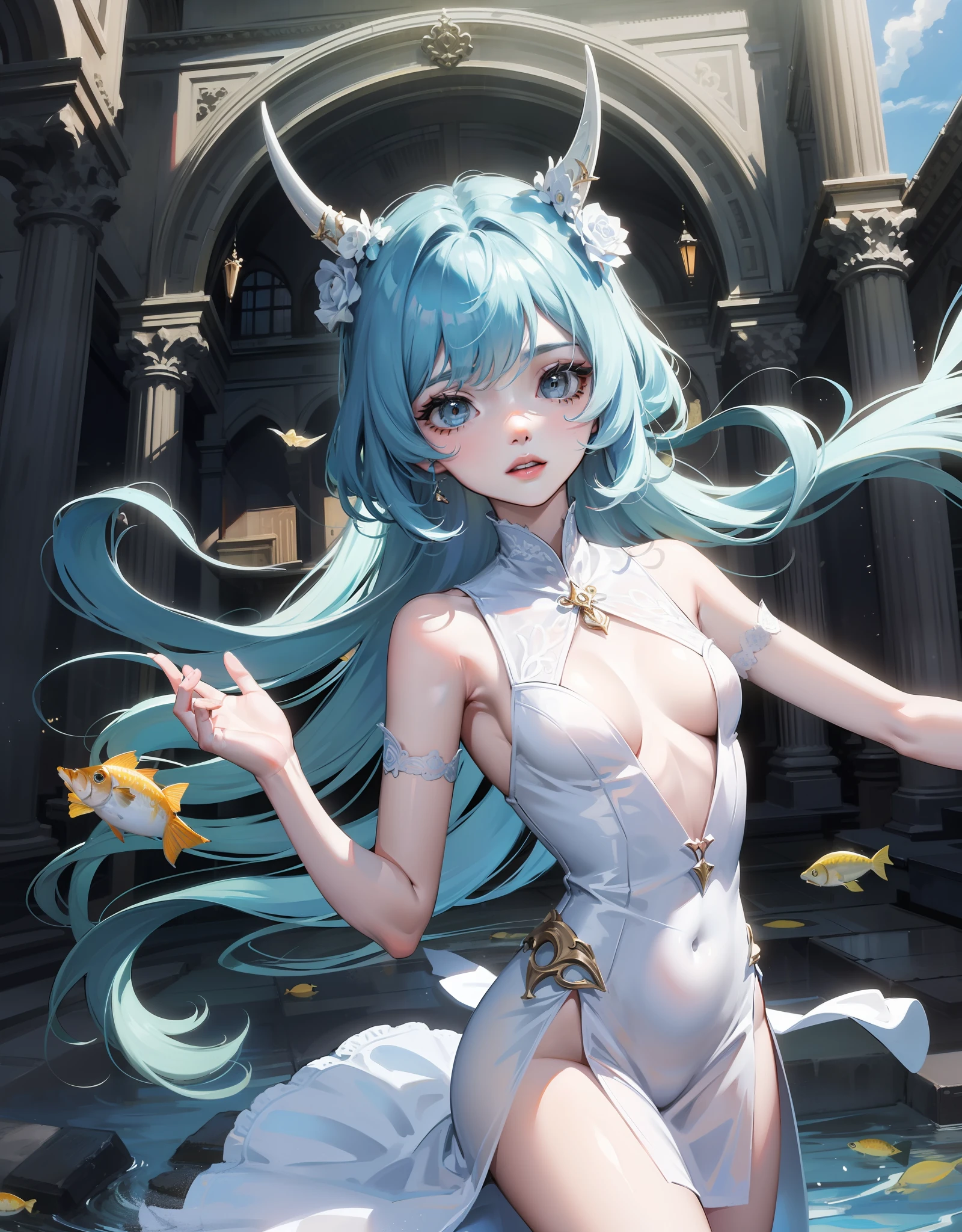 A young woman with a soft, delicate and perfect face, with extremely long light blue hair that goes to the ground with white and small demon horns;, Vestido de baile branco sedutor e extremamente longo, an abandoned cathedral destroyed and scrutinized filled with water and fish. Peito e busto grande e enorme que mal cabem no vestido.