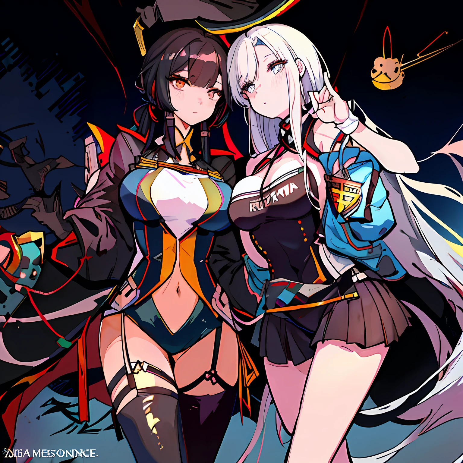 Anime - Stylistic image of two sexy women in jumpsuits and stockings, WLOP and Sakimichan, from girls frontline, 《azur lane》role, girls frontline universe, trending on cgstation, A scene from the《azur lane》videogame, Fine details. Girl Front, trending on artstation pixiv, WLOP et Artgerm, two beautiful anime girls