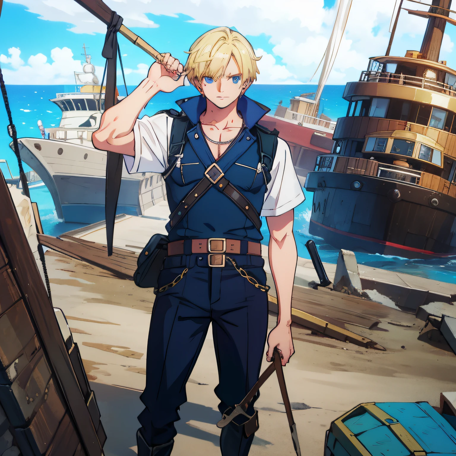 Strong and defined male character, blonde hair and blue eyes, explorer's clothes, holding steel club, wreckage of a boat, pose showing off for the camera.