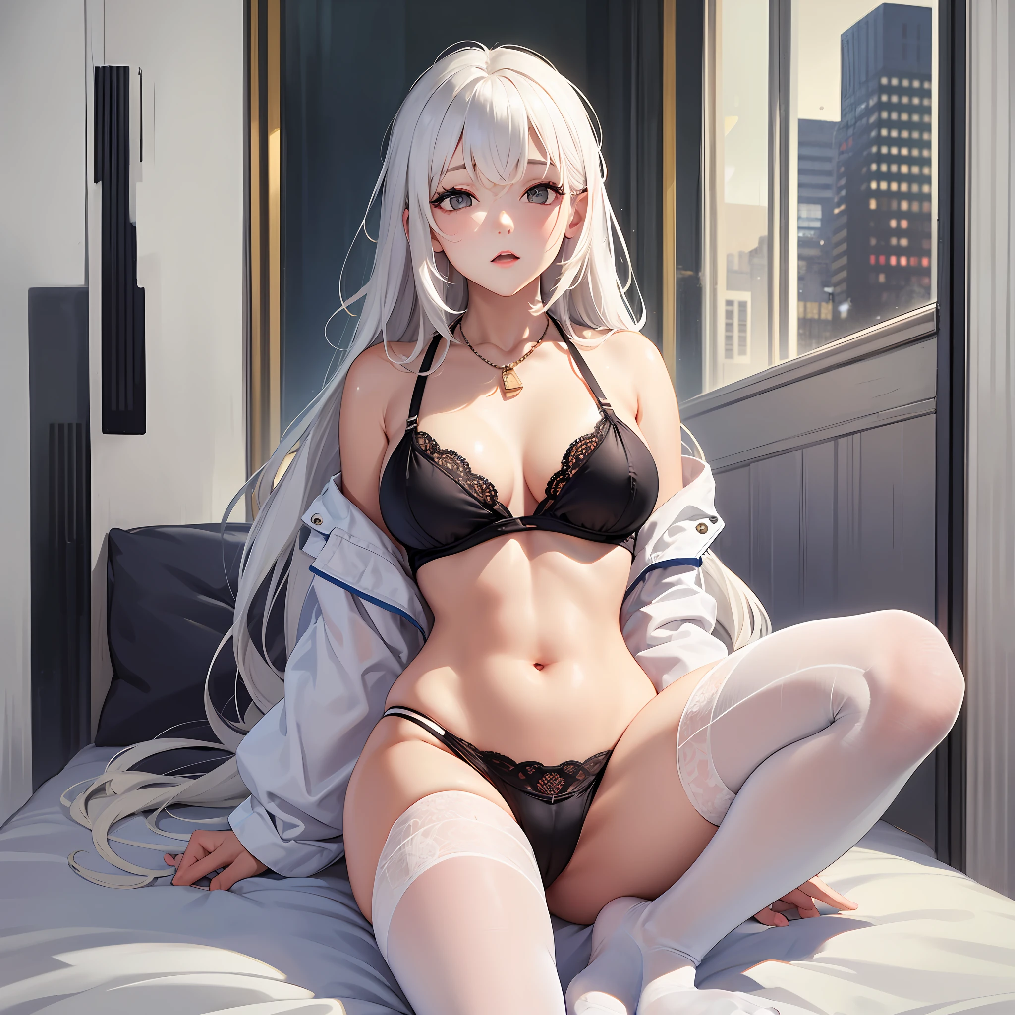 Girl front, an94, white hair, long hair, black knee-length socks, bikini, in bed, full body, legs spread, looking at the audience,A woman wearing white erotic lingerie white stockings with her hips facing the camera