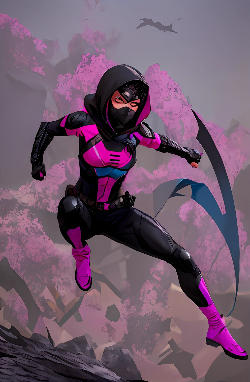 consertar levemente imagem, Stealth ninja superheroine, Asian woman with short black hair, olhos castanhos, olhar confiante, wearing a hood and mouth mask, ninja urbana, Mulher trans, Menina, Her costume is black and has few blue and pink details, peitos pequenos, descolada, Fofa, personagem 2d, estilo quadrinhos