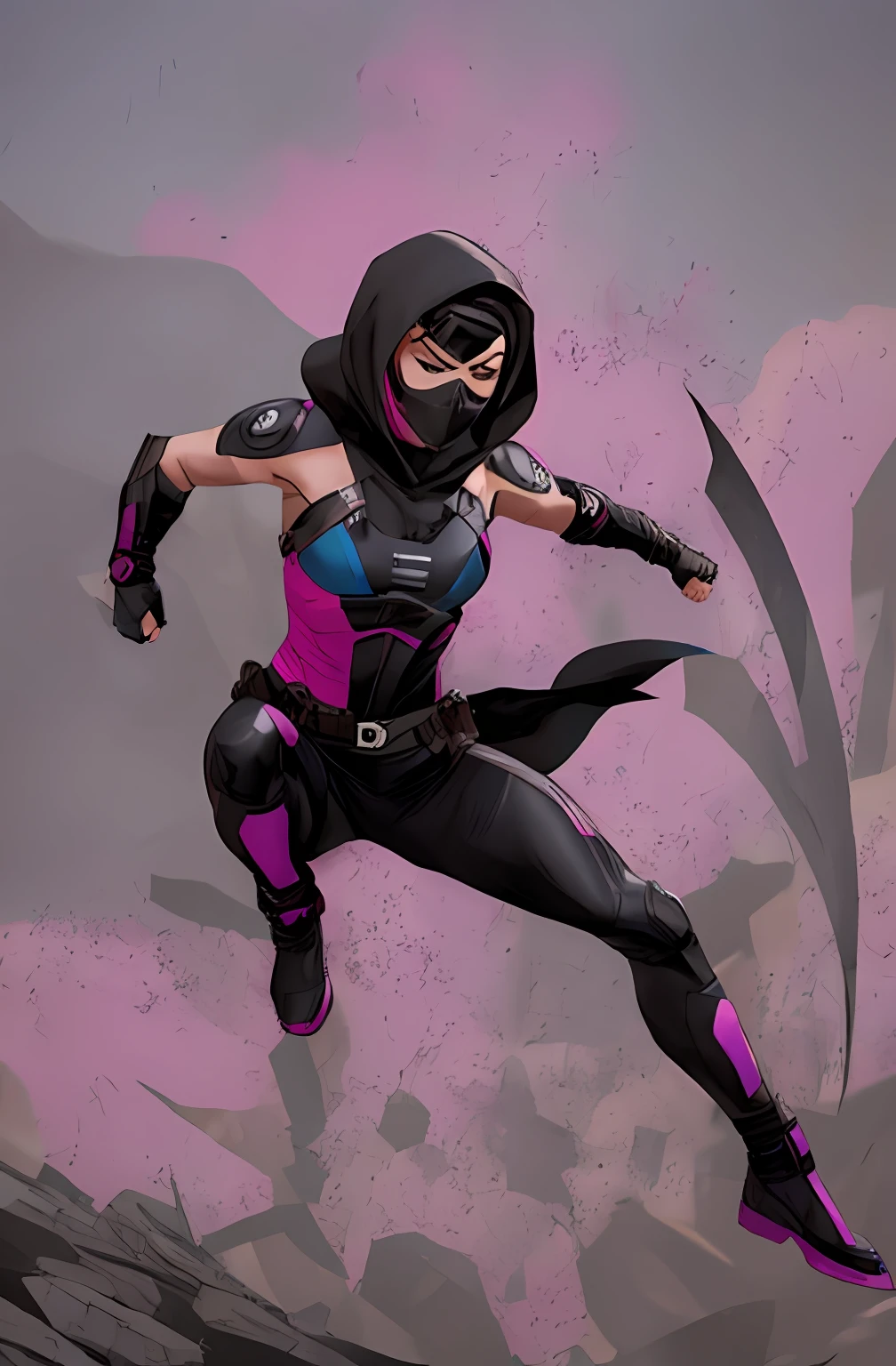 consertar levemente imagem, Stealth ninja superheroine, Asian woman with short black hair, olhos castanhos, olhar confiante, wearing a hood and mouth mask, ninja urbana, Mulher trans, Menina, Her costume is black and has few blue and pink details, peitos pequenos, descolada, Fofa, personagem 2d, estilo quadrinhos