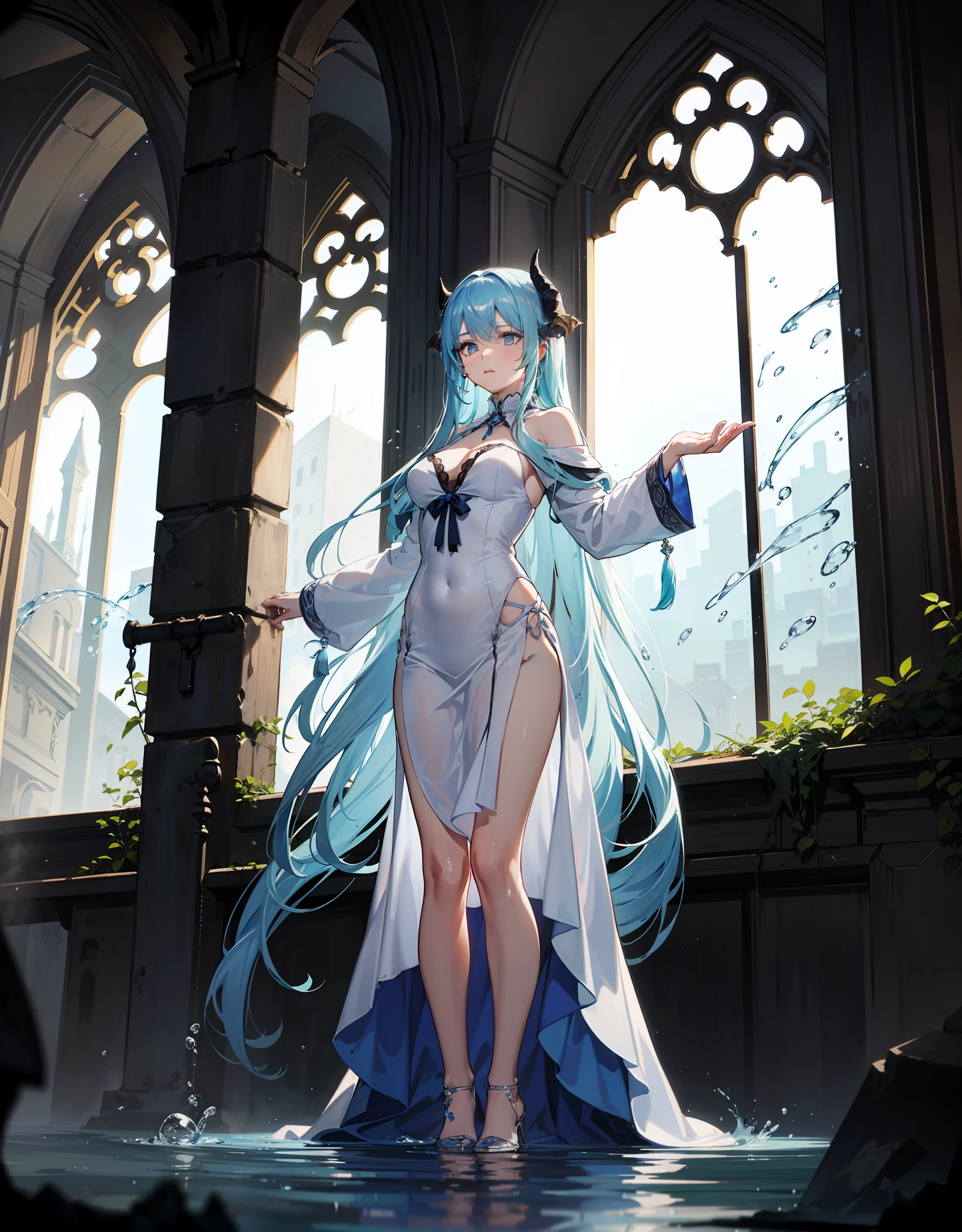 Uma jovem mulher com um macio Rosto delicado e perfeito, with extremely long light blue hair that reaches to the ground with small white demon horns:, longo Vestido de baile branco sedutor, inside an abandoned and destroyed cathedral filled with water and fish. Peito e busto grande e enorme que mal cabem no vestido, Huge particles of water fly through the air.