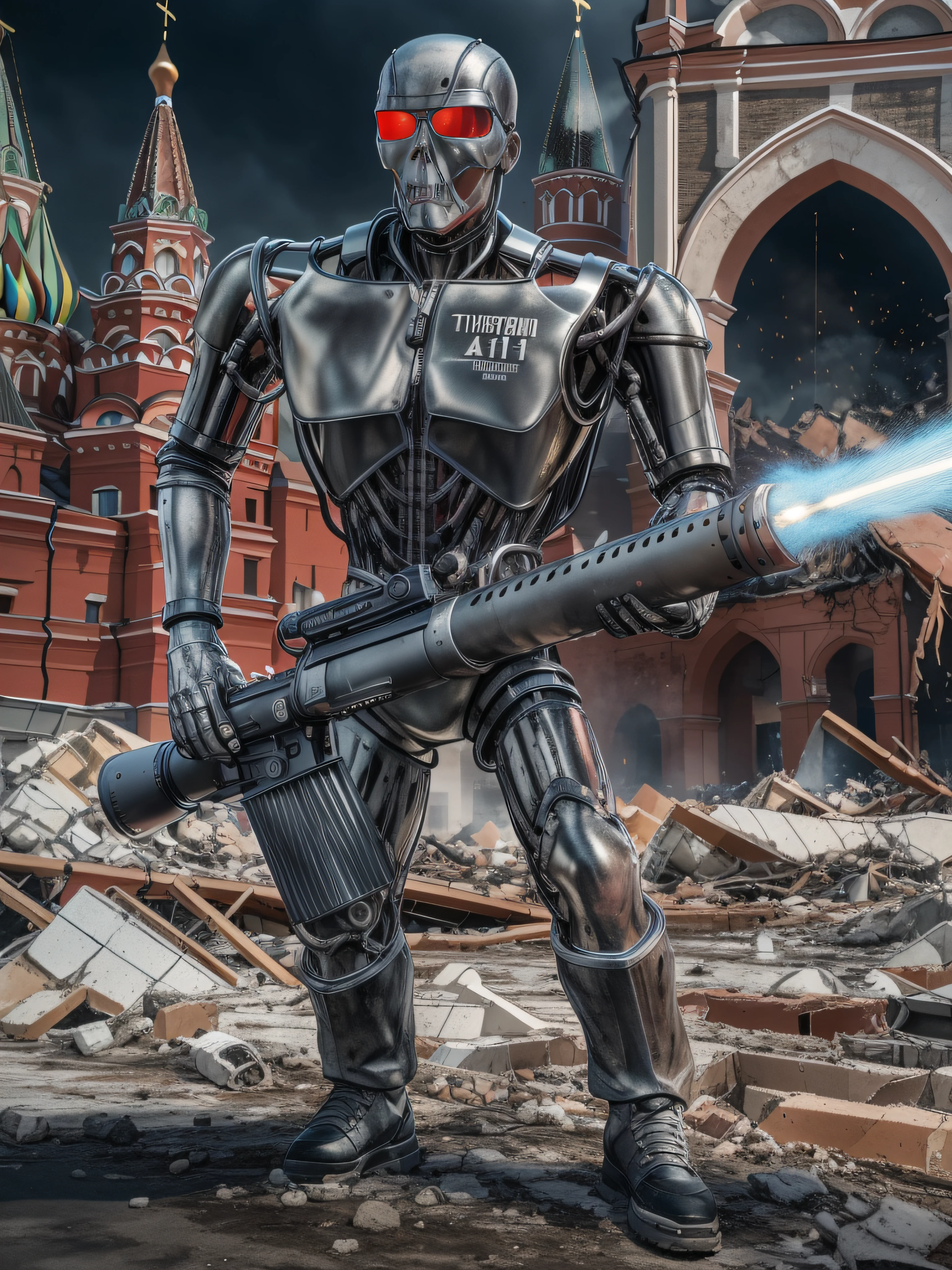 full shot, full water, terminator T-1000 shoots with a minigun at the camera stands against the background of the destroyed kremlin on red square in moscow, realistic chiaroscuro, super high quality, super high detail, clear focus, 32k, super naturalistic, hyper photorealistic