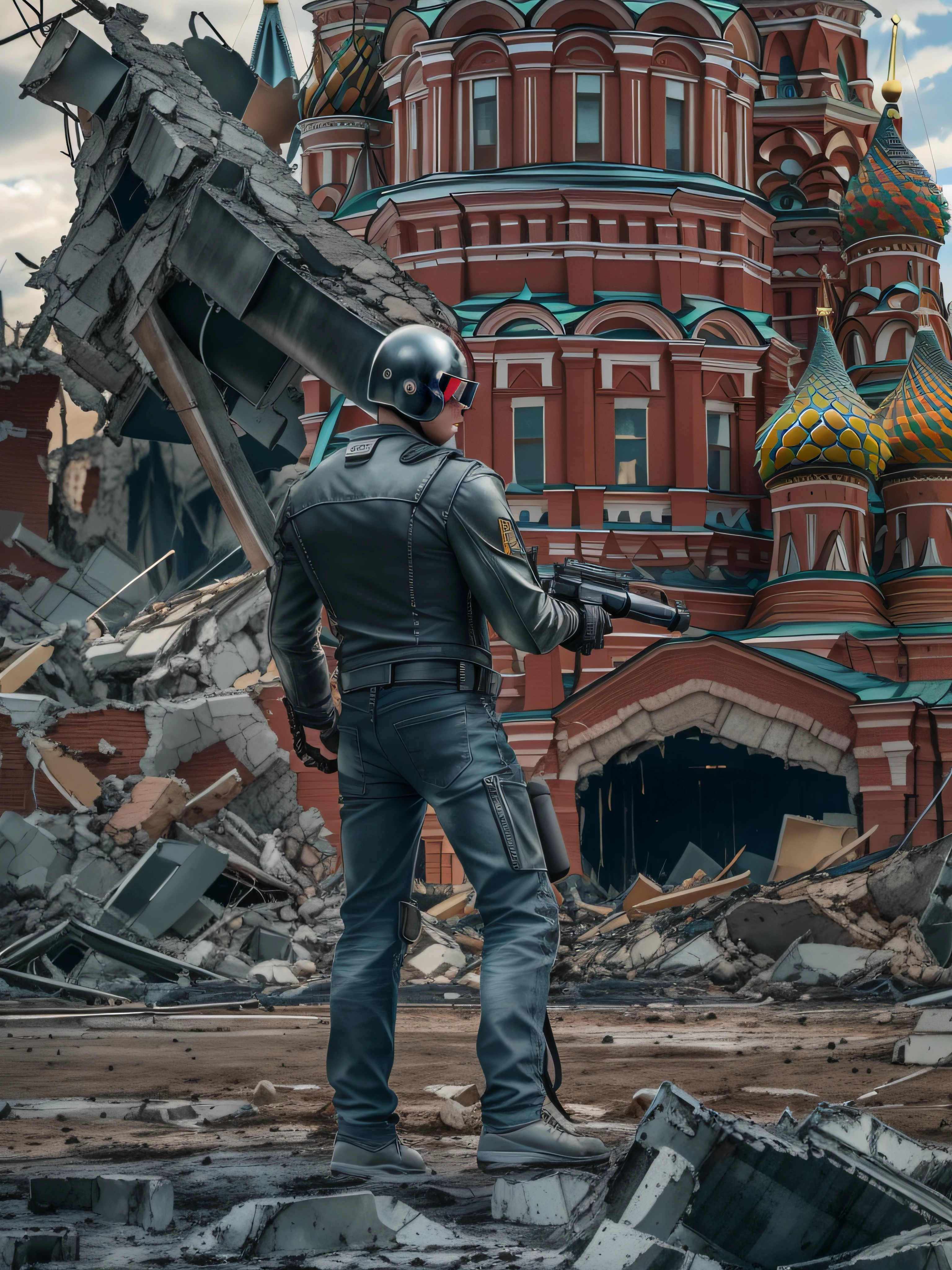 full shot, full water, terminator T-1000 shoots with a minigun at the camera stands against the background of the destroyed kremlin on red square in moscow, realistic chiaroscuro, super high quality, super high detail, clear focus, 32k, super naturalistic, hyper photorealistic