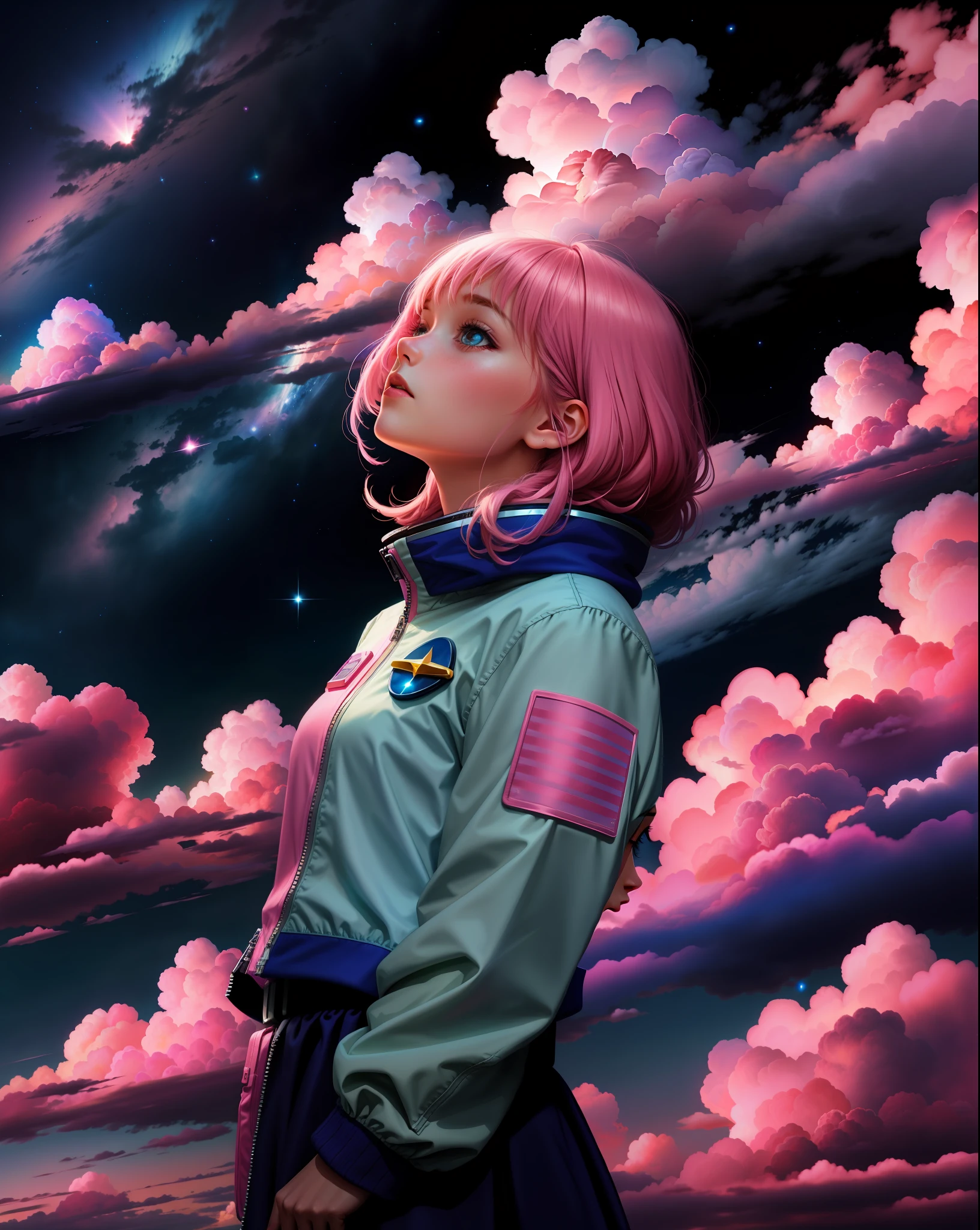 space cadet girl, ((evening sky)), pink clouds, landscape