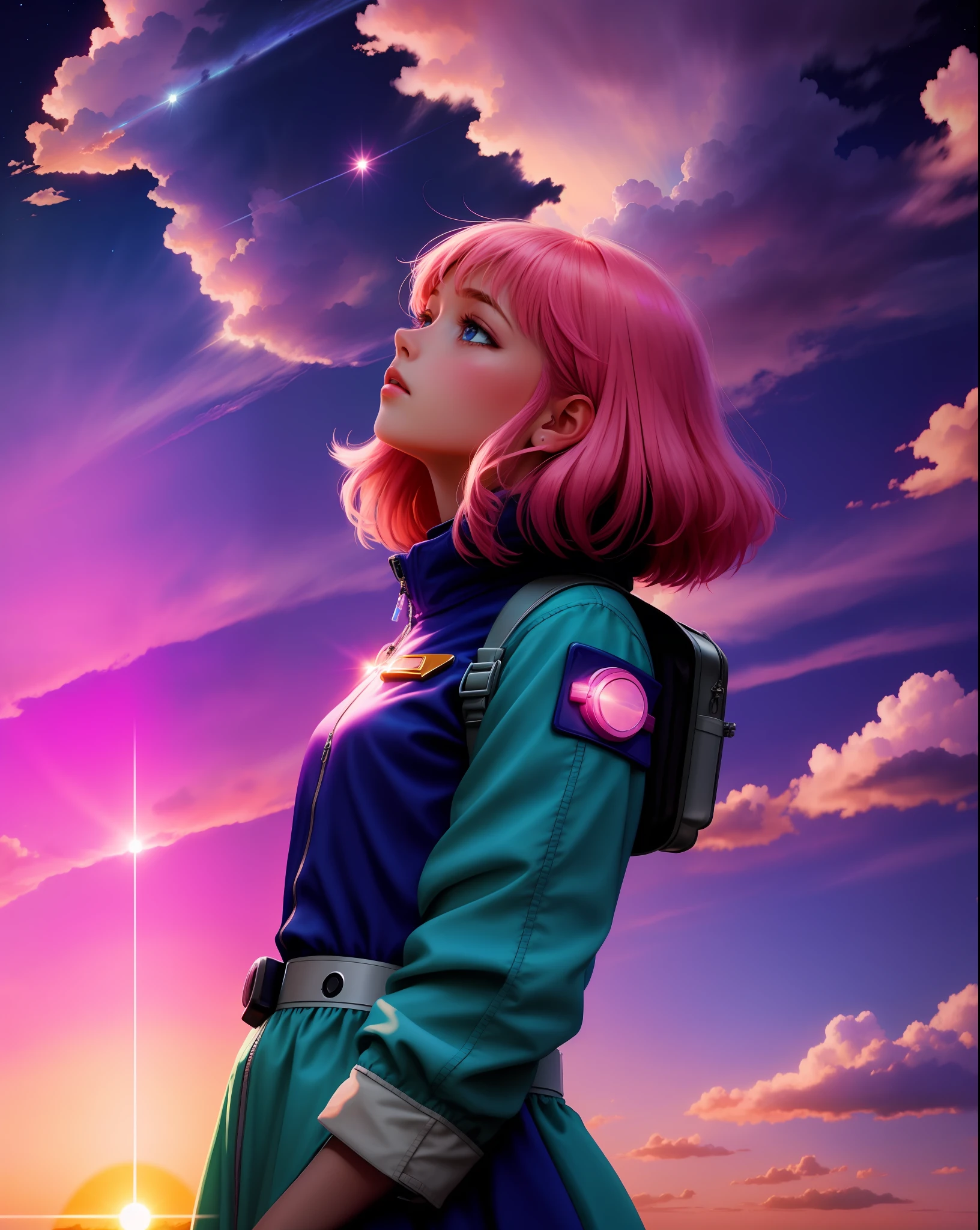 space cadet girl, ((evening sky)), pink clouds, landscape