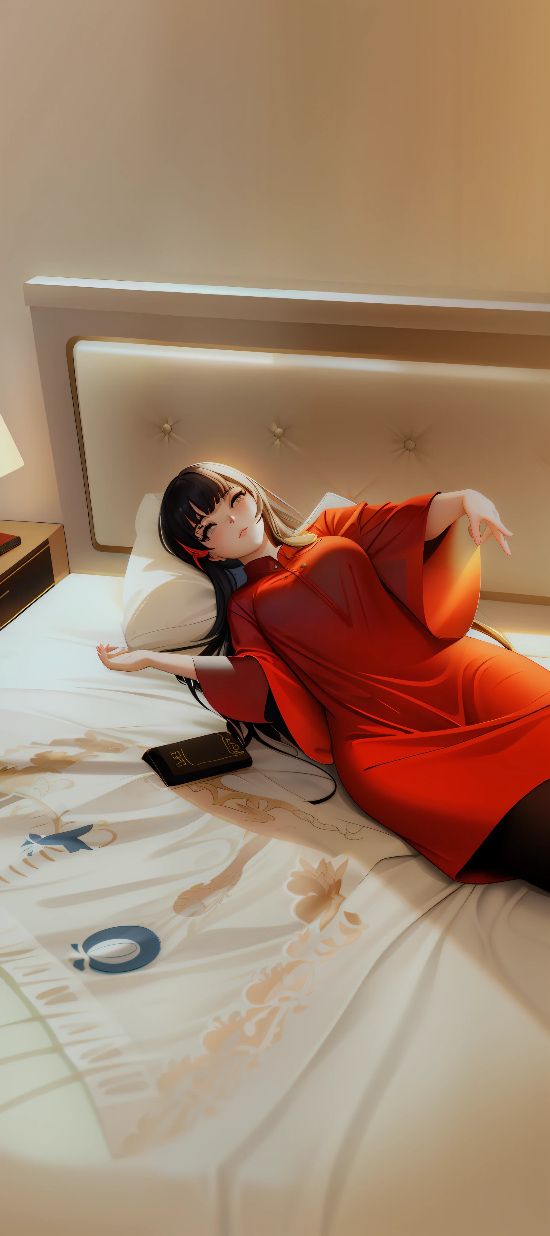 there is a woman that is laying down on a bed,Wear a red shirt, Guviz, Guviz-style artwork, Ilya Kuvshinov. 4 k'', at pixiv, Guweiz in Pixiv ArtStation, relaxed poses, Guweiz on ArtStation Pixiv, author:Shitao, by Yang J, attractive anime girls