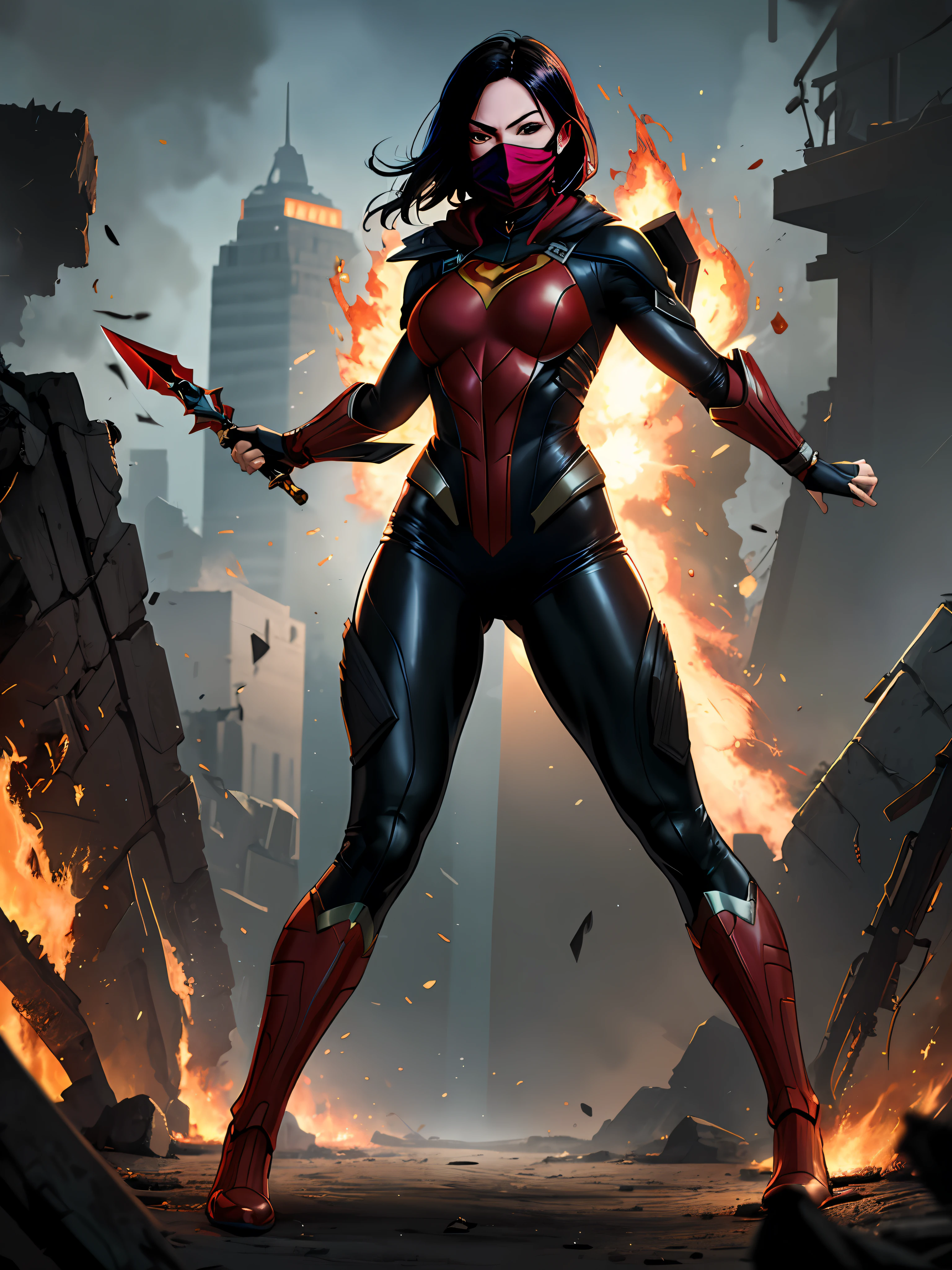 An agile female assassin is crawling to attack its target with her daggers, The assassin has covered her face with a kabuki mask and she is wearing a skin tight dark coloured superhero suit, global illumination DC comics superhero style masterpiece full body render action --no cloak --no extra arms -- no extra fingers explosions and Fire on background, warzone