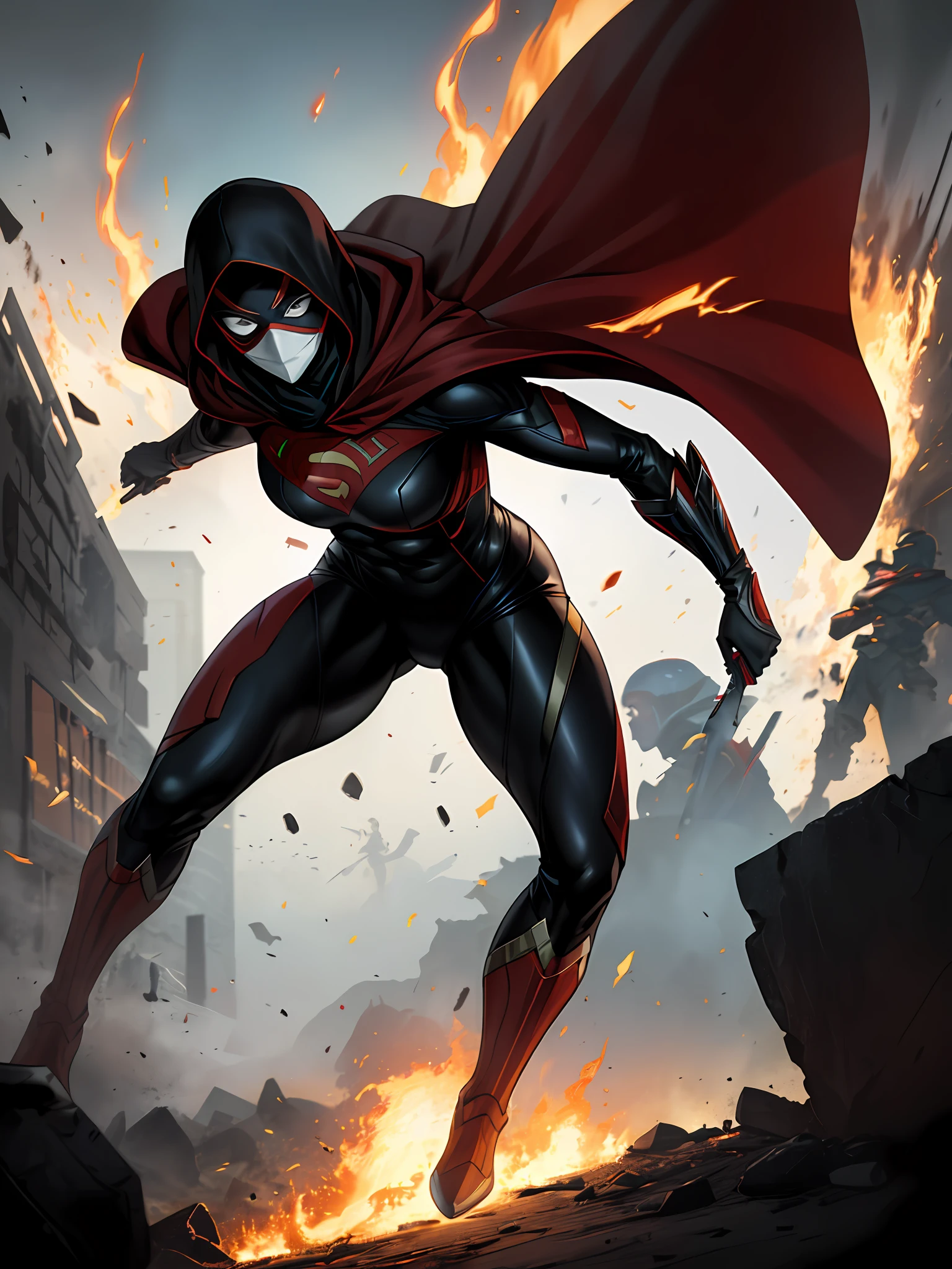 An agile female assassin is crawling to attack its target with her daggers, The assassin has covered her face with a kabuki mask and she is wearing a skin tight dark coloured superhero suit, global illumination DC comics superhero style masterpiece full body render action --no cloak --no extra arms -- no extra fingers explosions and Fire on background, warzone