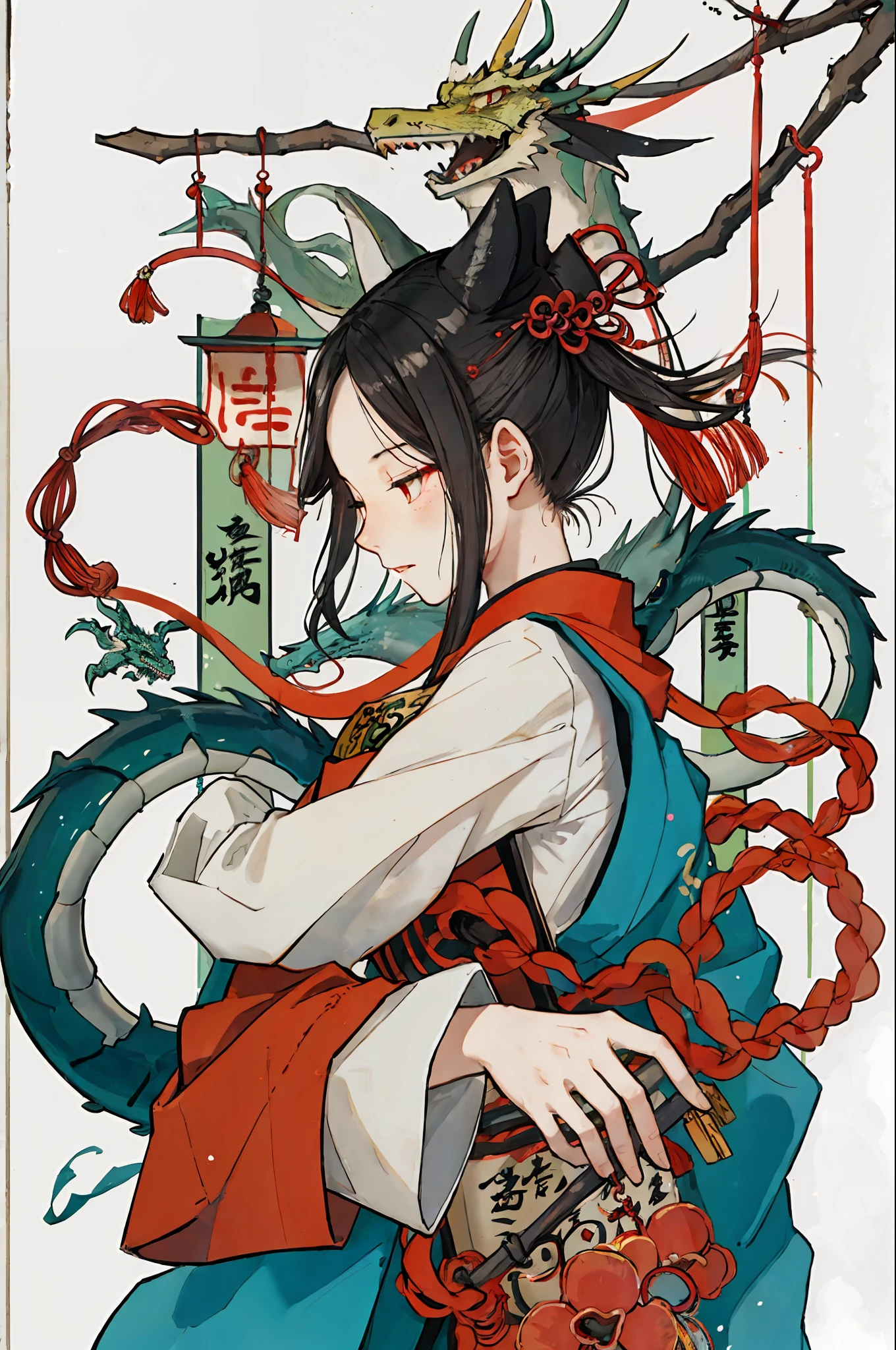 Ancient Chinese Girls, Delicate, Beautiful, Illustration level, epic composition, Atmosphere, simplicity, dragon、wind chime、natta、