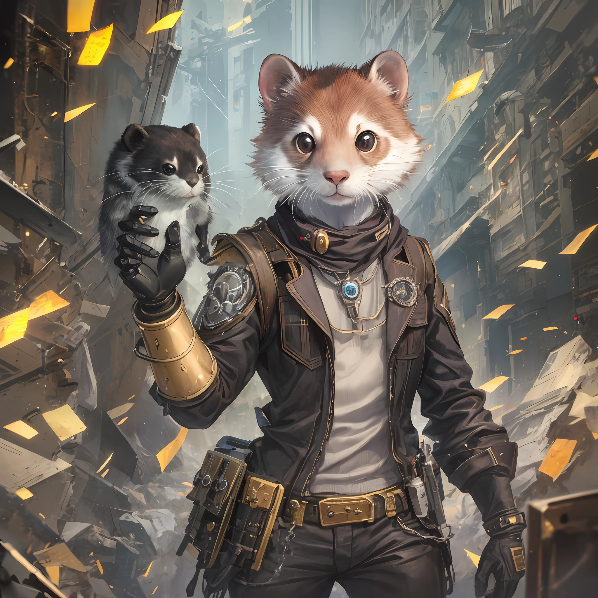 There is a drawing of a weasel with a robotic arm, steampunk ferret - shaped mech, anthropomorphic furry otter, ferret warrior, anthropomorphic otter in costume, Directed by: John Cat, Wojtek FUS, Directed by: Adam Marczyński, arte conceitual ultra realista, por Marten Post, Directed by: Randy Gallegos, Directed by: Dan Christensen