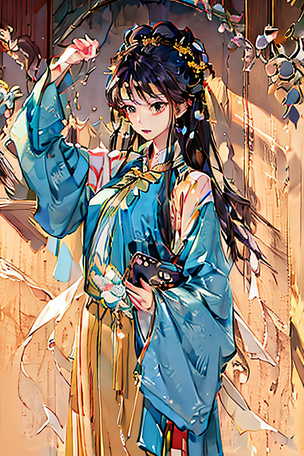 one-girl, Ancient Chinese clothing, full bodyesbian, rays of sunshine, Clear face, tmasterpiece, super detailing, Epic composition, hyper HD, high qulity, extremely detaile, offcial art, Uniform 8k wallpaper, super detailing, 32k,armpits,cropped shoulders,Exposing armpits