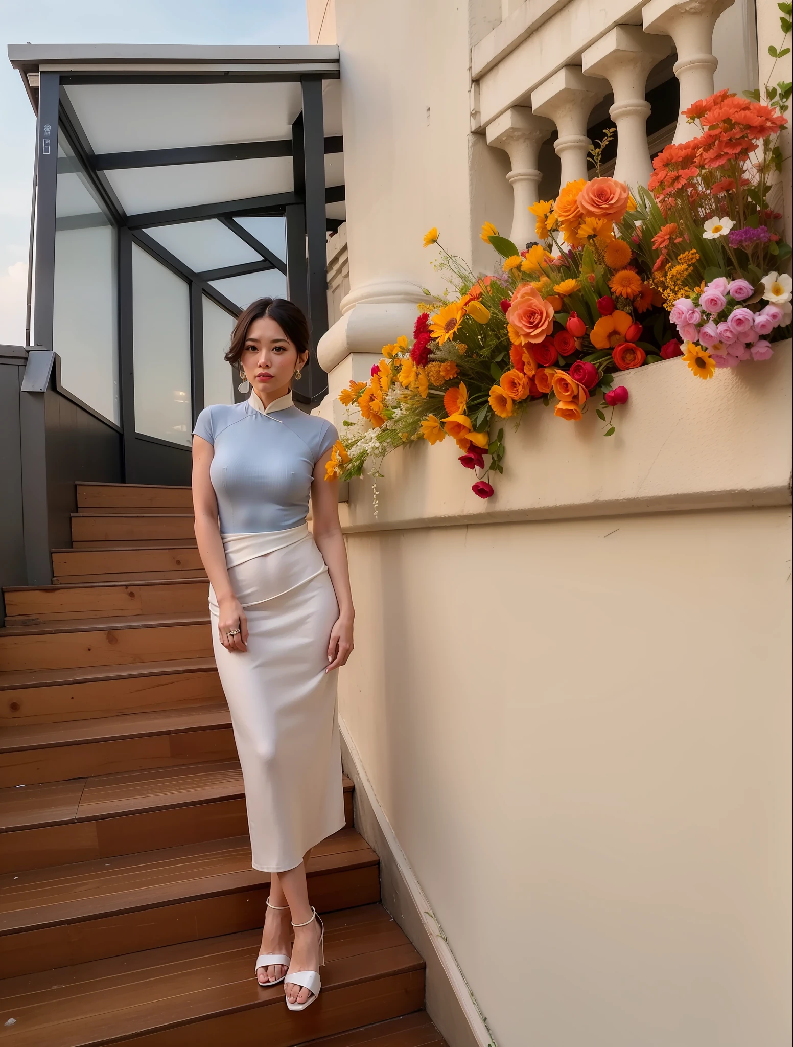 There was a woman standing on the steps of the building, height of 165cm, 155 cm tall, wearing elegant outfits, With flowers, Dressed in elegant dresses, Elegant and graceful, in a blue qipao, at the terrace, Elegant dress, soft silk dress, 🤬 🤮 💕 🎀, stunning elegant pose, wearing a blue qipao dress