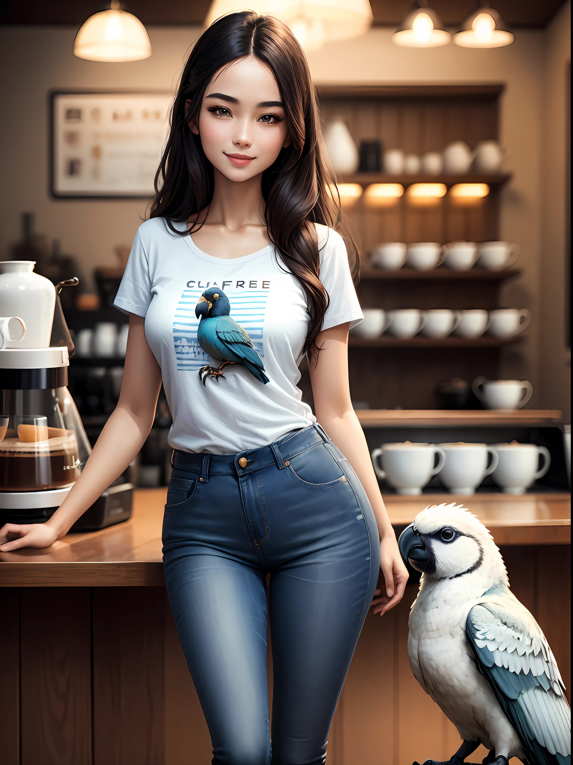 Masterpiece, best quality, super detailed,a beautiful Eurasian girl, long hair, oval face, 2-lid opening eyes, smile face,wearing T-shirt and blue jeans, standing in a beautiful coffee shop, holding a parrot, small tits , detailed skin,8K, full body shot