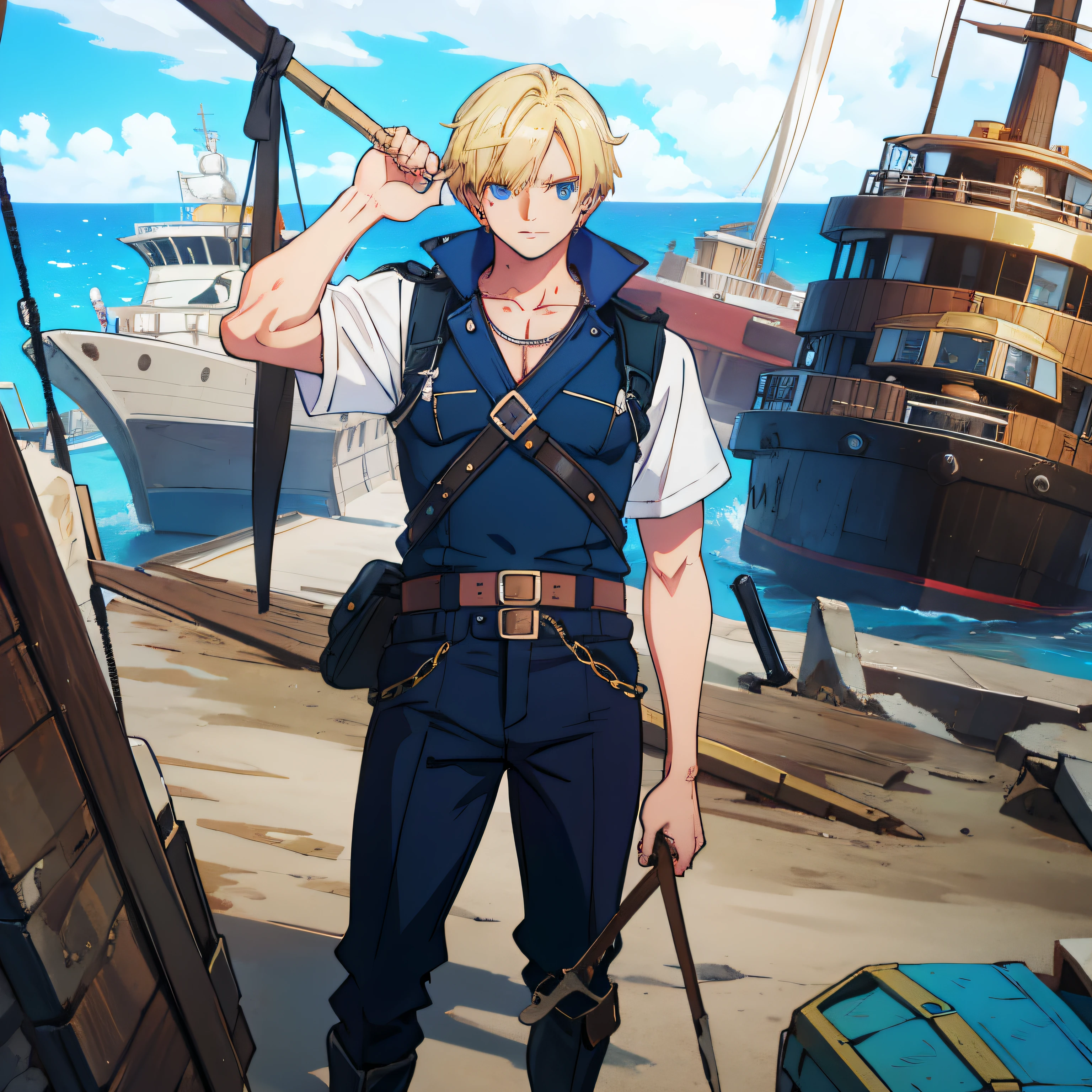 Strong and defined male character, blonde hair and blue eyes, explorer's clothes, holding steel club, wreckage of a boat, pose showing off for the camera.