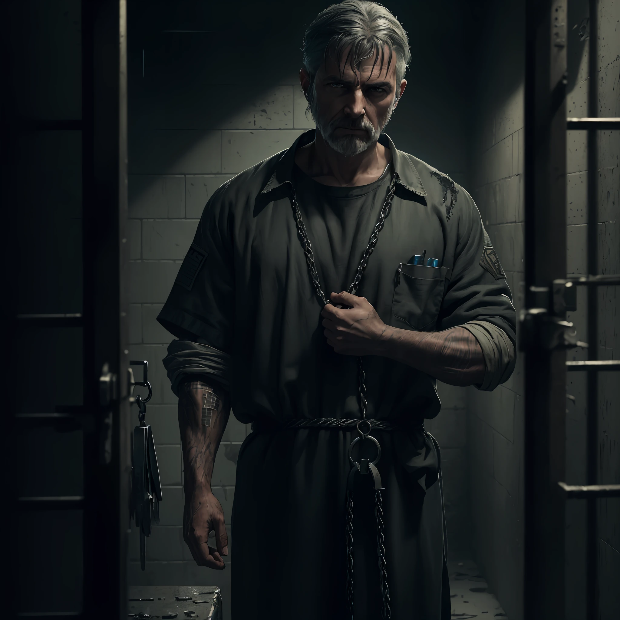 "(ultra-detailed CG unity 8k wallpaper, masterpiece, best quality, depth of field, HDR, intricate), from Greg Rutkowski, (Prisoner:1.2) captured in a (grim and desolate) jail cell, with (dim and flickering) lighting, wearing tattered (prison uniform), shackled hands, longing for freedom."