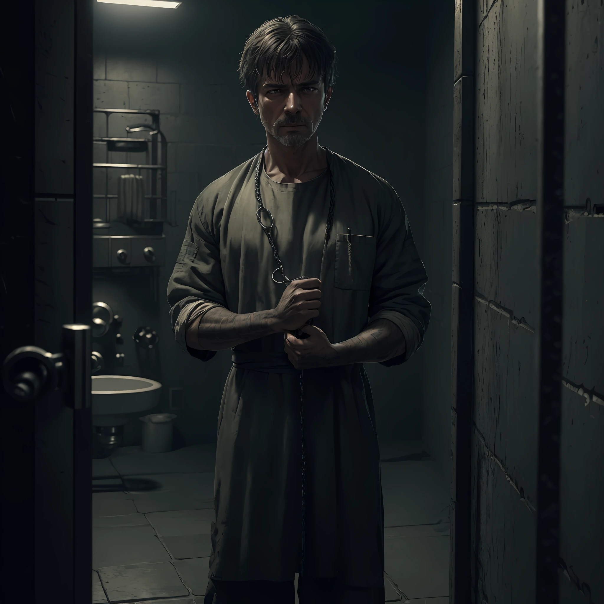 "(ultra-detailed CG unity 8k wallpaper, masterpiece, best quality, depth of field, HDR, intricate), from Greg Rutkowski, (Prisoner:1.2) captured in a (grim and desolate) jail cell, with (dim and flickering) lighting, wearing tattered (prison uniform), shackled hands, longing for freedom."