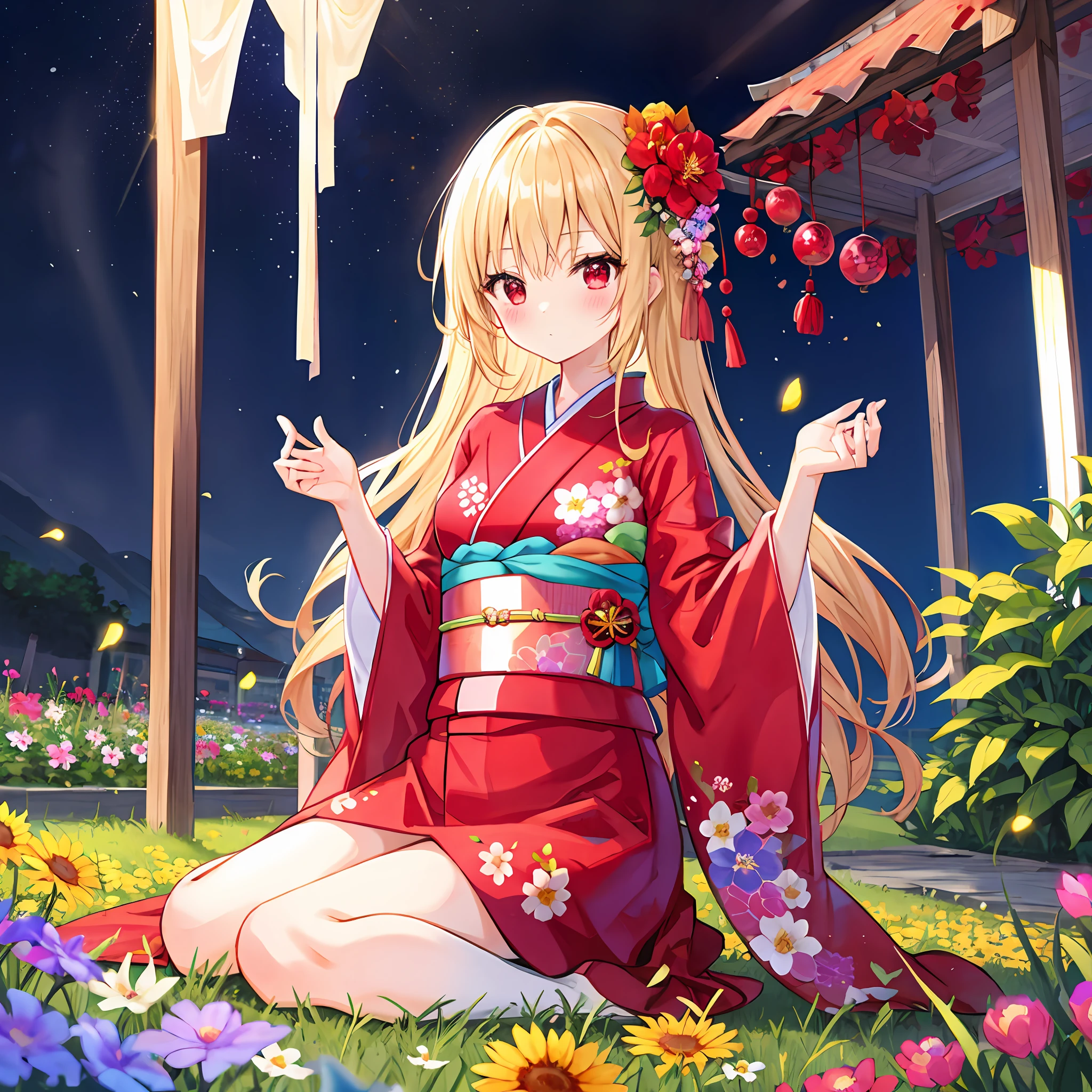 red blush、Wavy blonde hair、red eyes、Beautiful girl alone、animesque、独奏、kimono、flower  field
