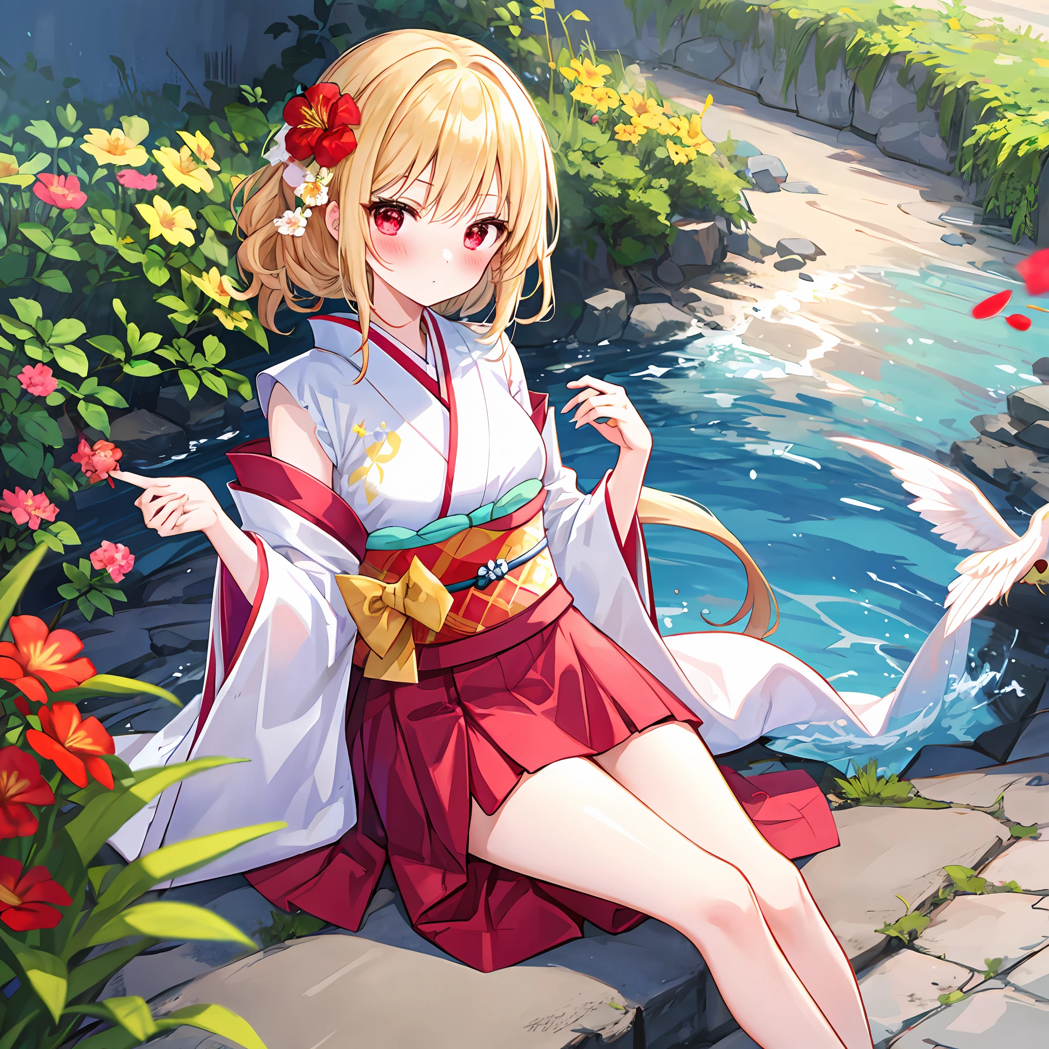 red blush、Wavy blonde hair、red eyes、Beautiful girl alone、animesque、独奏、kimono、flower field