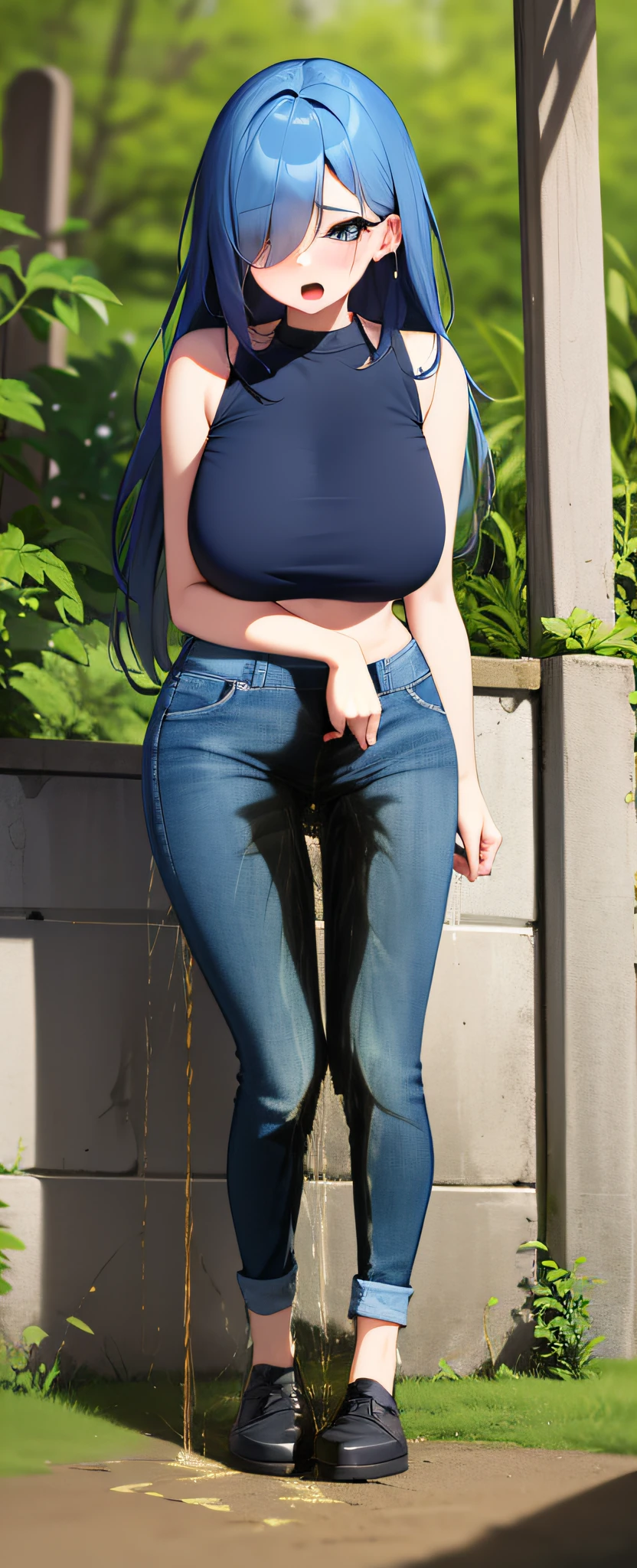 (masterpiece,best quality,high resolution), young Girl, ((((dark blue jeans)))), ((full body shot)), top shirt, naval, midriff, shy posture, outdoor, ((((((large pee stain)))))), blush, worried, open mouth, long hair, hair over one eye, blue hair with sky blue highlight, white eyes