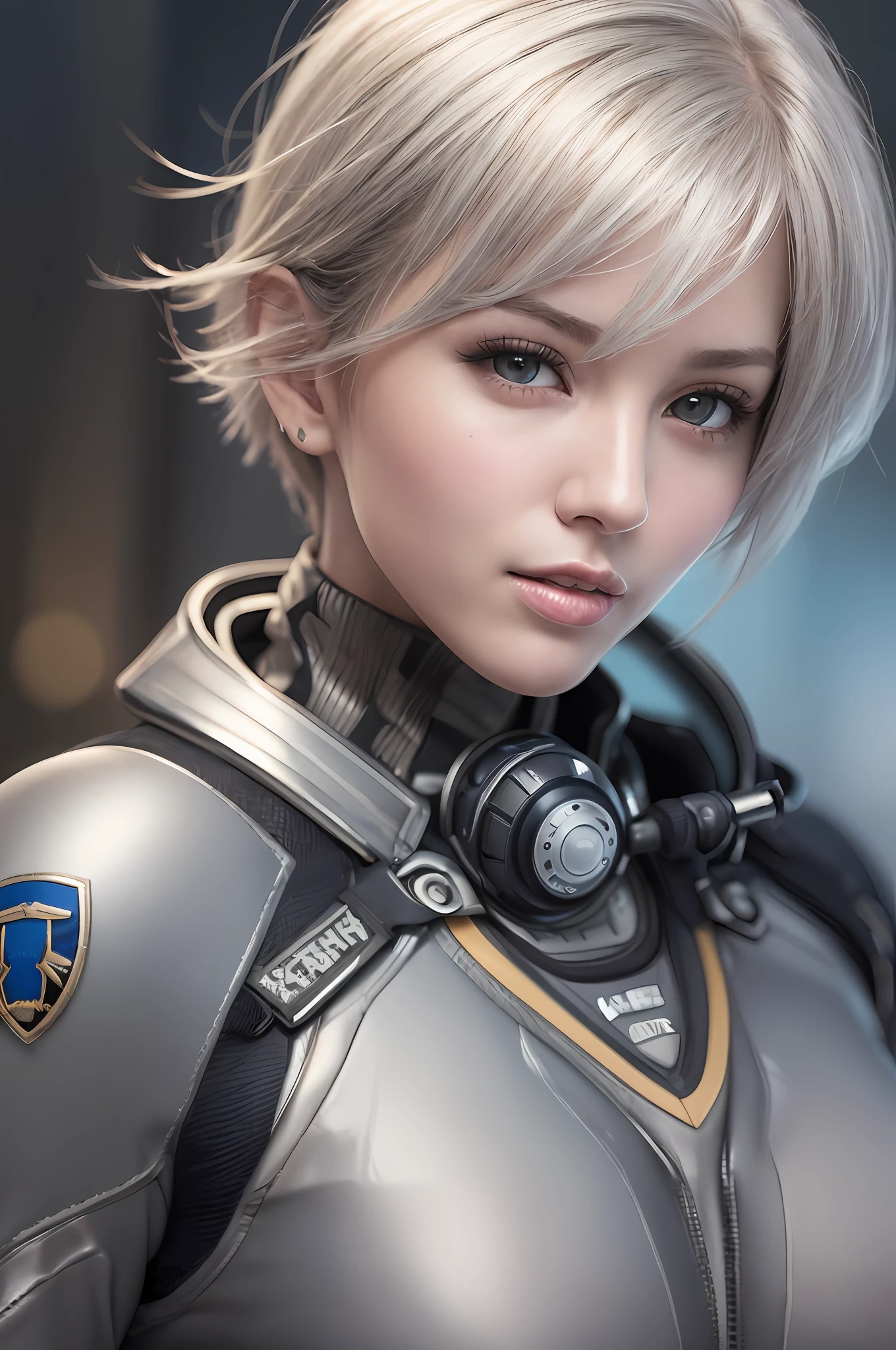 (8k, photorealistic, RAW photo, top quality: 1.4), (1girl), super beautiful, (realistic face), (boyish, silver-colored berry short hair), beautiful cyberpunk suit, glares seducing viewer, beautiful expression, beautiful breasts, (realistic skin), beautiful smile, (soldier), attractive, ultra high resolution, ultra realistic, high definition, spoiled