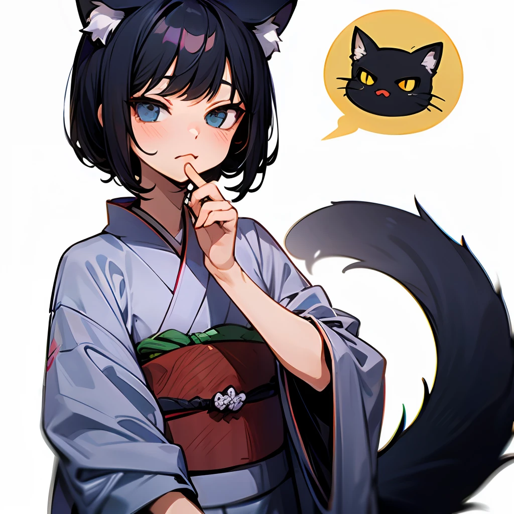 Kimono, Nekomimi, Tail, Short Black Hair, Heroic and Sassy, speech bubble saying 'Nyaa'
