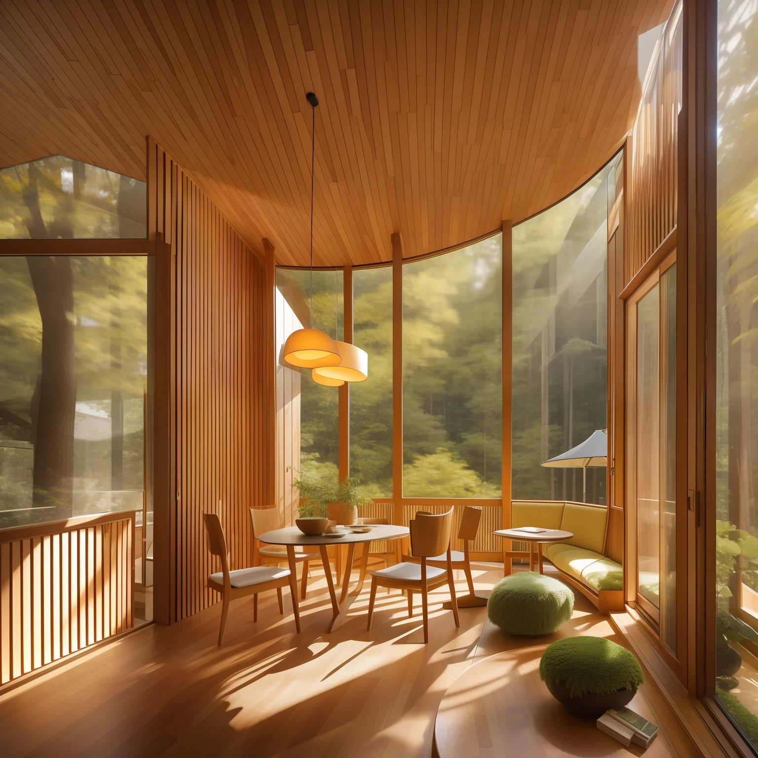 Interior design,insanely detailed wide angle architecture photography, cozy contemporary living room,(bright warm sunlight 1:0.1), award-winning contemporary interior design, scenery, table, chair, indoors, wooden floor, window, restaurant, east asian architecture, sliding doors, lamp, architecture, forest, nature, cup, plant,INTERIOR DESIGN,intersting lights and shadows, Depth of Field,low light, ,