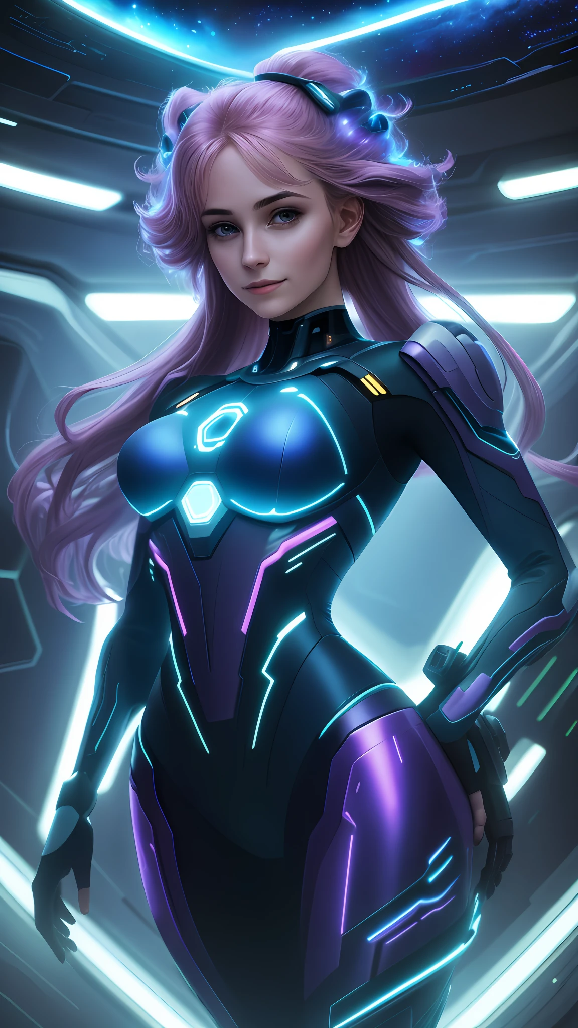 europeans in tech suits, happy, (backlit hair:0.5),(glow:0.3),(cleavage:0.8),spaceship,nebula,sexy pose,highly detailed