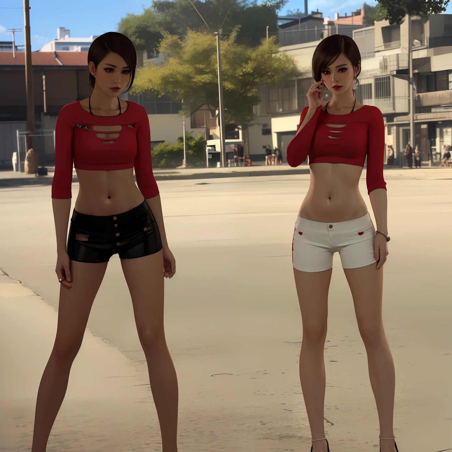 (1 girl, full body), (beautiful european girl, kpop idol:1. 5), (Cute Loose Bob hair:1. 5), (wearing a cropped hoodie, capri sweatpants, high hills:1. 5), (red lips, small breasts, toned stomach, eyelashes, aegyo sal:1. 5), immersive background, depth of field, (detailed face, beautiful detailed eyes, symmetrical eyes), (volumetric haze, global illumination, dynamic lighting, best illumination, volumetric lighting), (ultra highres, 8k, realistic, photorealism, photorealistic, hyperrealism:1. 5), (photon mapping, physically-based rendering),