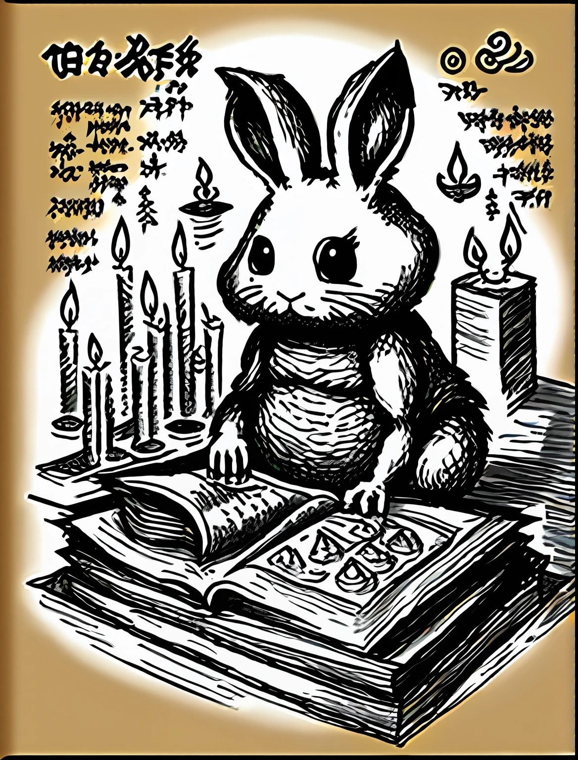 Necronomicon Sketch、Rabbit making rice cakes、Lots of candles、Detailed details、top-quality、Quality Improvement、​masterpiece、