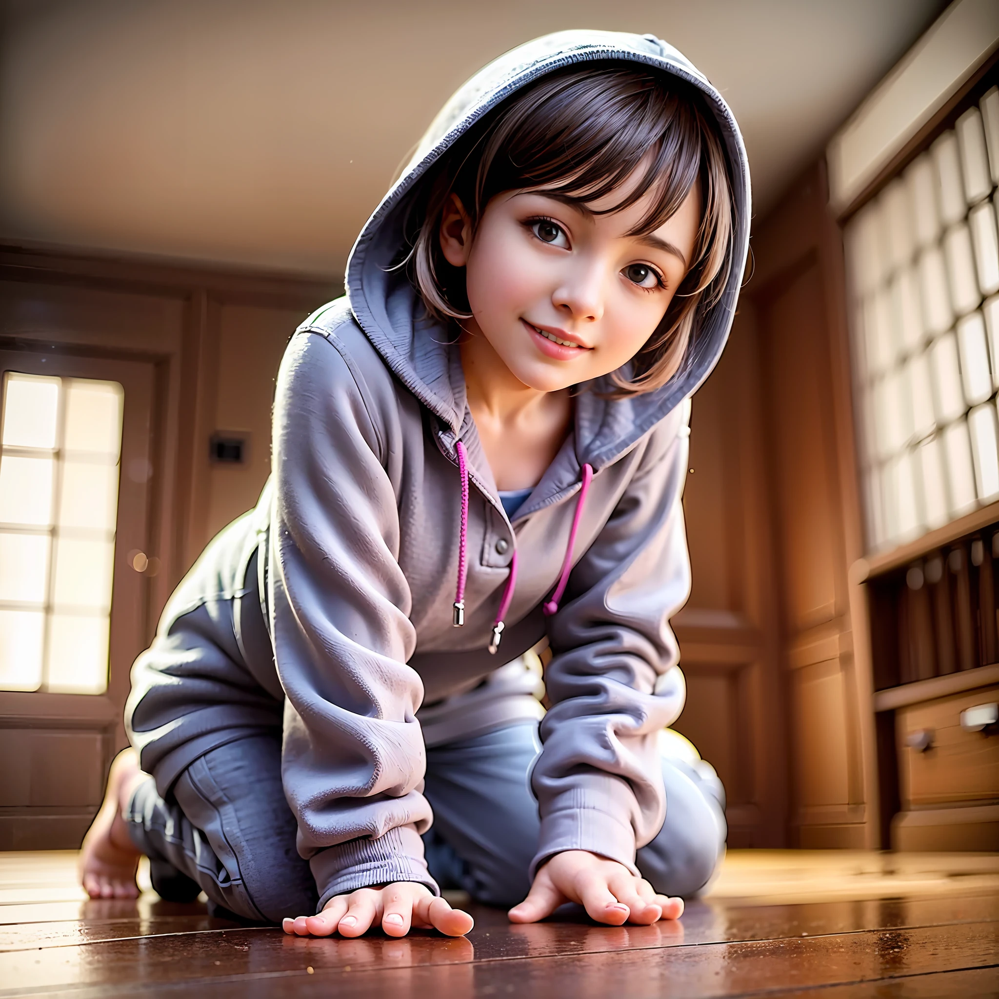 (Best Quality), (masutepiece:1.3), (Realistic), (Photorealistic:1.36), Ultra-detailed, From below, Cute *********** in witch Hoodie pyjamas, undershirt, bedroom, (flat chest), big smile, Dynamic Angle, (Kneeling, Hands on the floor in front of you)