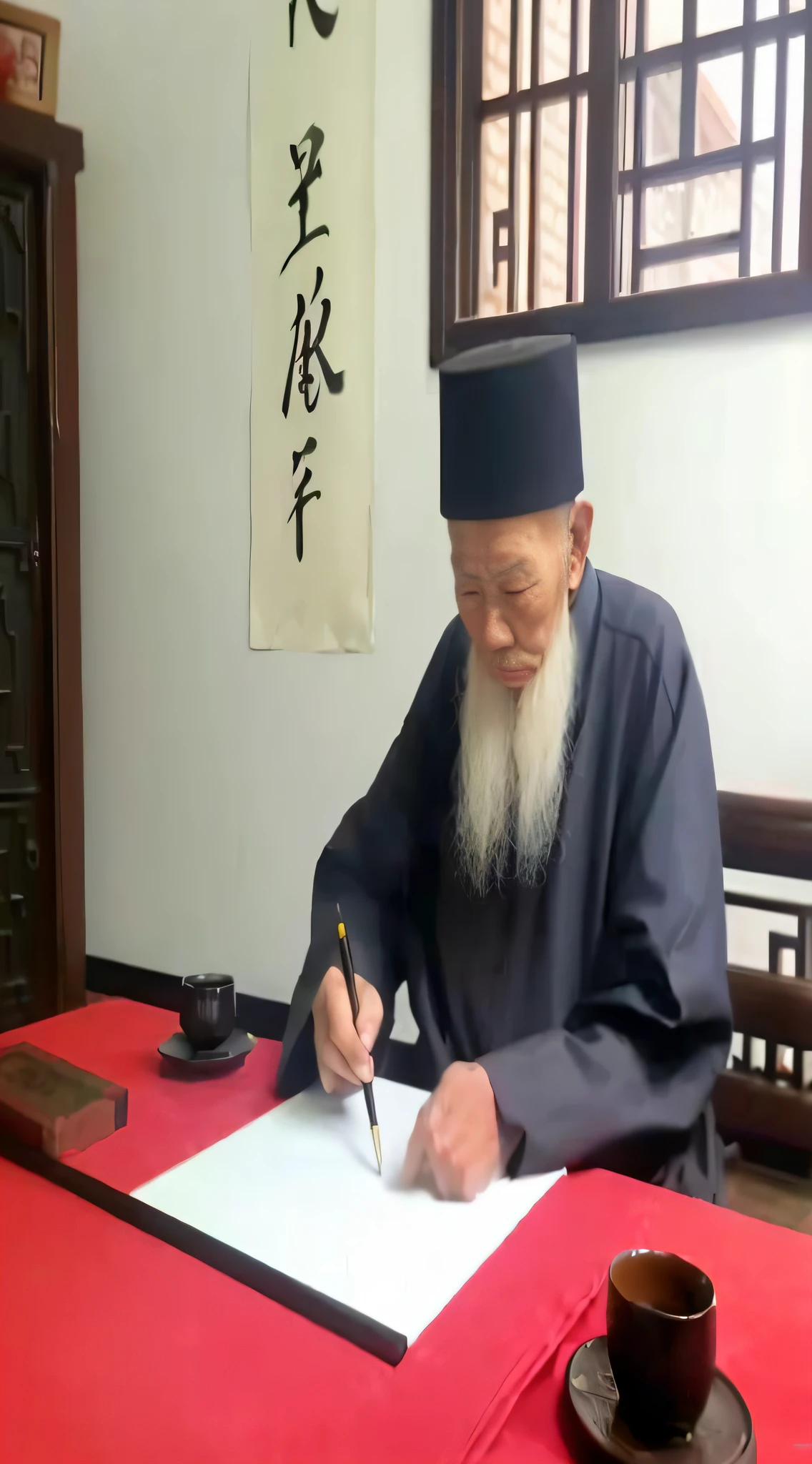 Alphard in a black hat writes brush writing on a piece of paper He was about 80 years old, Taoist, A pair of calligraphy hangs on the back wall,on the desktop,There are 3 yellowed books,inspired by Emperor Huizong of Song, inspired by Wu Daozi, inspired by Li Shixing, chinese artist, inspired by Xuande Emperor, inspired by Zhang Shunzi, he is about 7 0 years old。 --auto