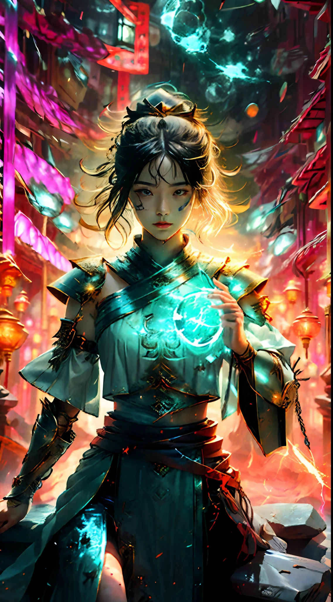 8k, complex, elegant, highly detailed, majestic, digital photography, denim lens, surrealist painting, broken glass, beating magic, winding lightning magic, (masterpiece, side light, fine beautiful eyes: 1.2), HDR, Void 5 energy lightning storm, (Chinese girl, black eyes: 1.5), pale skin, glowing skin, ( Sitting on a stone: 1.5), delicate face, black hair, wearing palatial blue armor, bare shoulders, navel, short skirt, fine blue armor, raining, beautiful, looking at the audience, facing the camera, masterpiece, upper body,