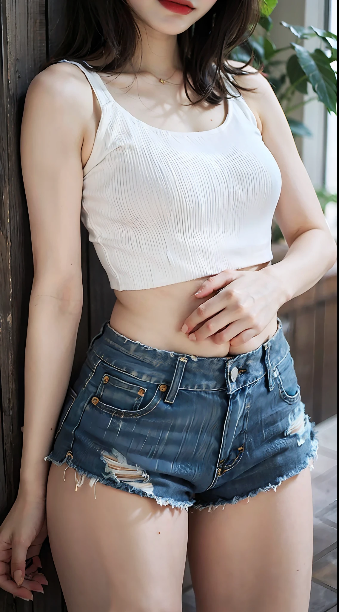 Girl posing in white low cut super short tank top and tight denim shorts、full body Esbian、Cropped tank top、bra very、Slim body、a large bust、Slim Girl Model、24歳の女性モデル、Beautiful body Facing the front Navel out See all Lower abdomen showing a beautiful belly Too torn denim shorts Shabby denim shorts Thigh exposure Shabby camisole too short white camisole, Denim shorts that are too short You can see all the shapes of your genitals the shape of the genitals is perfectly visible Thong-only denim shorts Super Micro Denim Shorts Very short denim shorts genitals are visible Lower abdomen exposure Viewer's Perspective