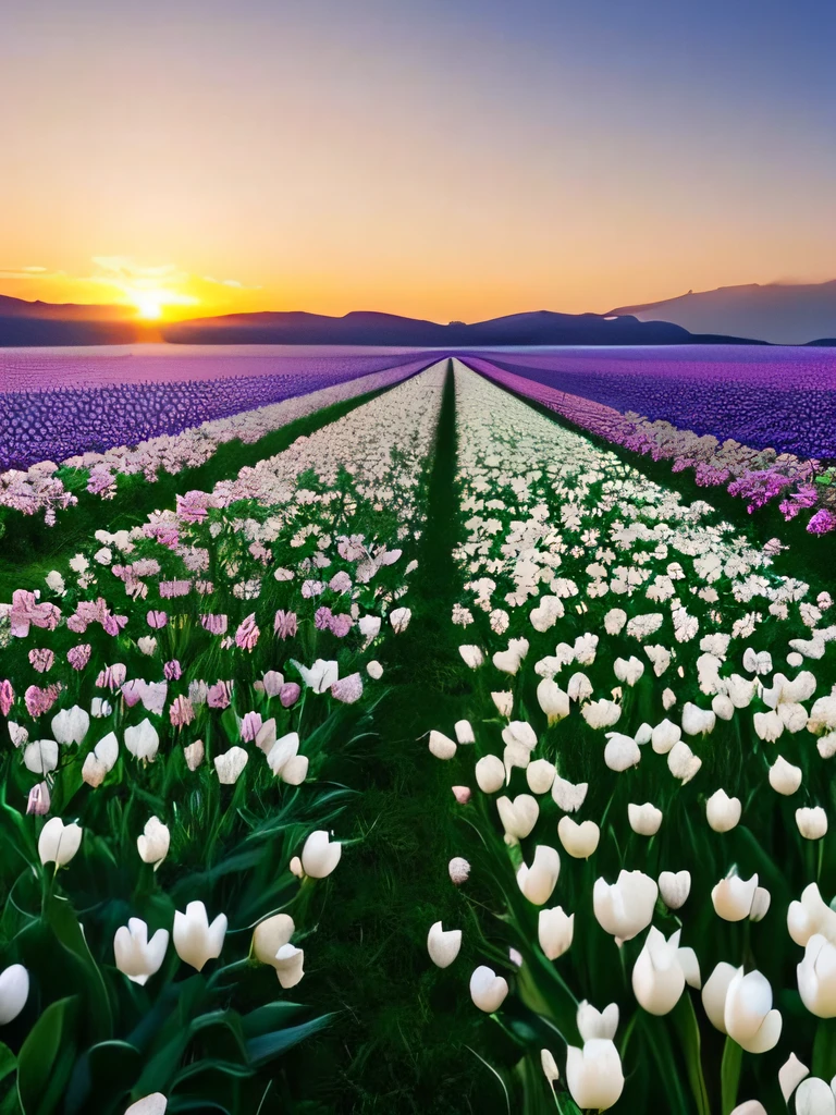 White tulips at sunset with Alafard field with a miraculous sky，Large stretches of scaly clouds，Scaly clouds that stretch to the bottom of the mountain，flower  field, with flower fields as foreground, at sunrise in springtime, floral sunset, Squamous clouds，flower  field, beautiful sunrise, an aesthetic field of flowers, flower  field, breathtaking composition, field of flowers at night, flower  field, late sunset, dusk setting, The most beautiful sunset，Faraway view，Flat beat，Real shooting --auto