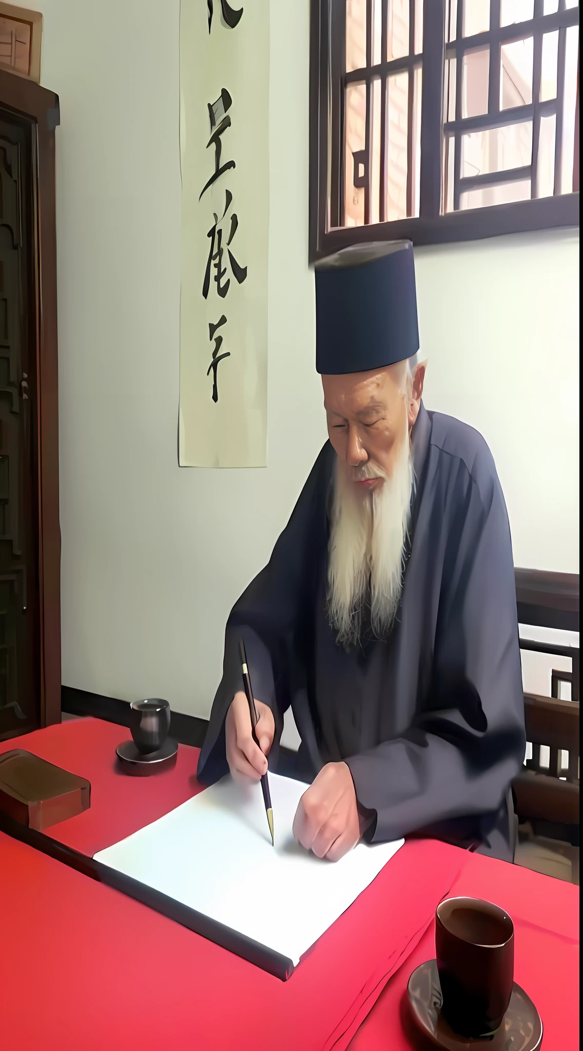 Alphard in a black hat writes brush writing on a piece of paper He was about 80 years old, Taoist, A pair of calligraphy hangs on the back wall,on the desktop,There are 3 yellowed books,inspired by Emperor Huizong of Song, inspired by Wu Daozi, inspired by Li Shixing, chinese artist, inspired by Xuande Emperor, inspired by Zhang Shunzi, he is about 7 0 years old。 --auto