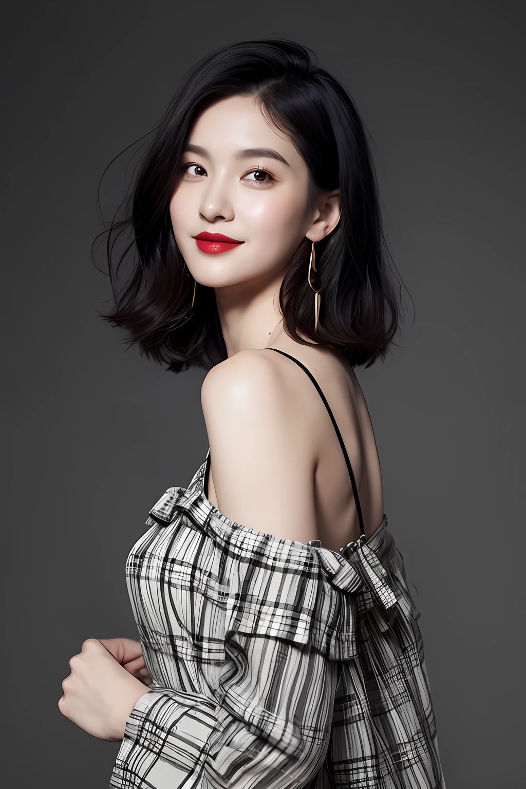 (printed plaid dress), (bare shoulders), 1 girl, (full body), (stiletto heels), (short hair: 1.1), (realistic: 1.7), (best quality)), ridiculous, (ultra-high resolution), (realistic: 1.6), realistic, octane rendering, (surreal: 1.2), (realistic face: 1.2), (8k), (4k), (masterpiece), (realistic skin texture), (illustration, movie lighting, wallpaper), (beautiful eyes: 1.2), (perfect face))), (cute), (standing), (smile: 0.9), (black hair), (long hair), dark eyes, red lips, (outdoor),
